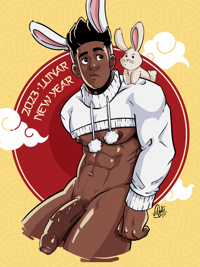 1boy african african_male big_cock big_penis boner bottomless crop_top dark-skinned_male dark_skin english_text erect_penis erection hard_on huge_cock lunar_new_year male male_only melanin muscles muscular muscular_male rabbit rabbit_(chinese_zodiac) rabbit_ears uncut veiny_penis velgaty year_of_the_rabbit zaki_(velgaty)