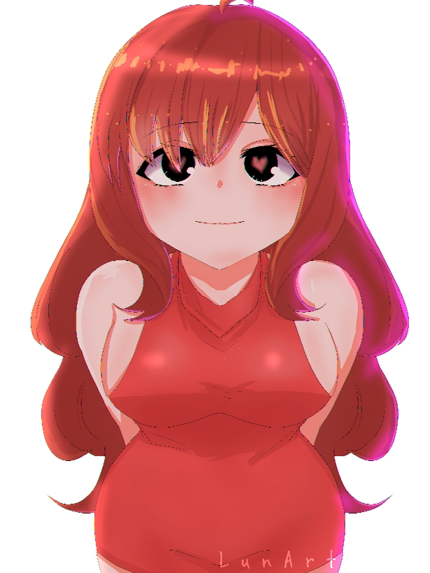bare shoulders, blush, breasts, cleavage, female, friday night funkin, girlfriend (friday night funkin), heart, heart eyes, heart-shaped pupils, hourglass figure, looking at viewer, red dress, red hair, smile, solo, solo female, thick thighs, tsu-yuna desu