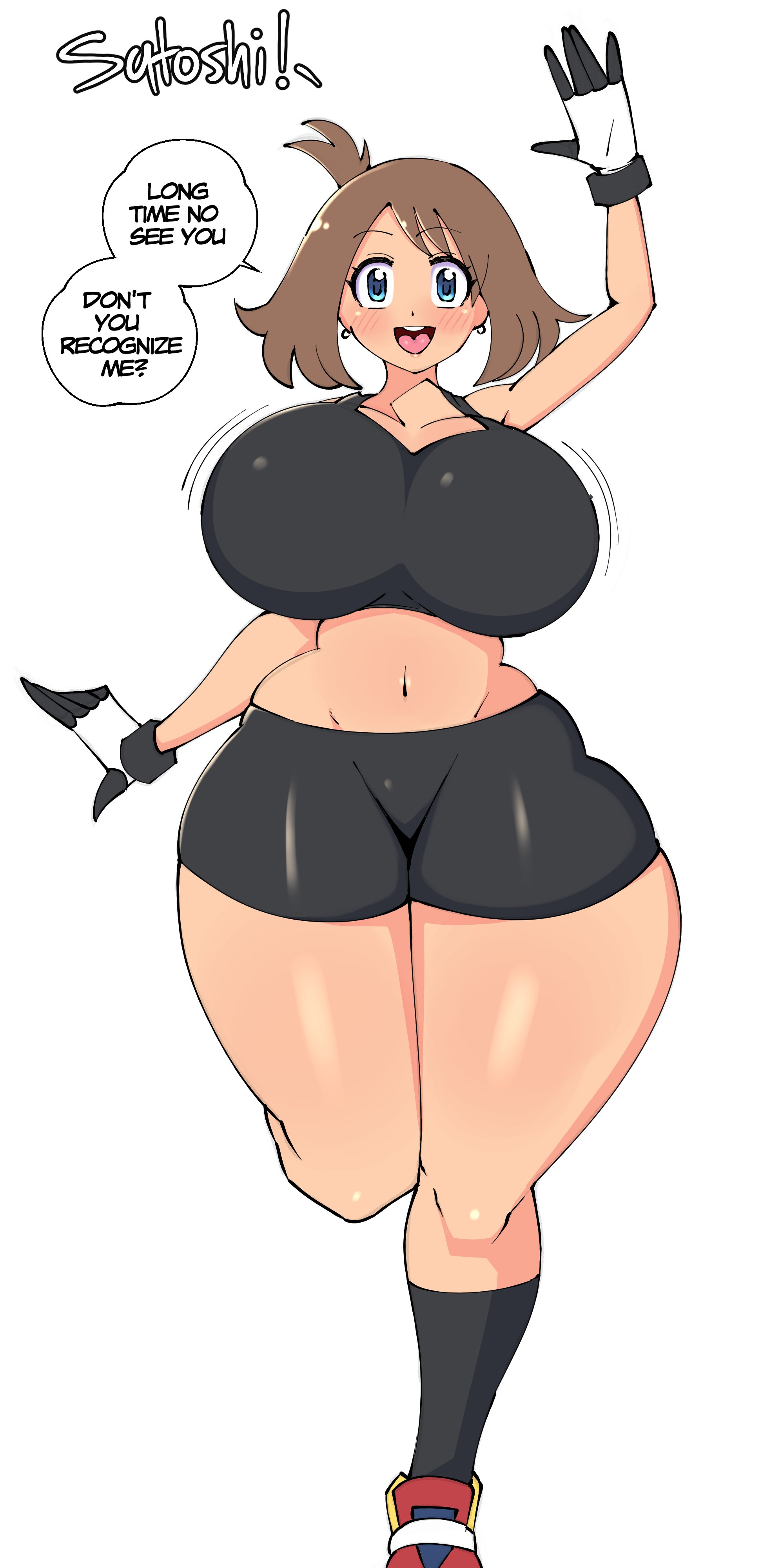 1girls, aged up, alternate breast size, blue eyes, booty shorts, bottom heavy, breasts, brown hair, dialogue, english text, female, hips, huge breasts, human, human female, human only, light skin, light-skinned female, long hair, may (pokemon), name drop, navel, nintendo, pokemon, pokemon rse, saltyxodium, satoshi (pokemon), short shorts, shorts, sports bra, sportswear, thick thighs, thighs, thunder thighs, wide hips