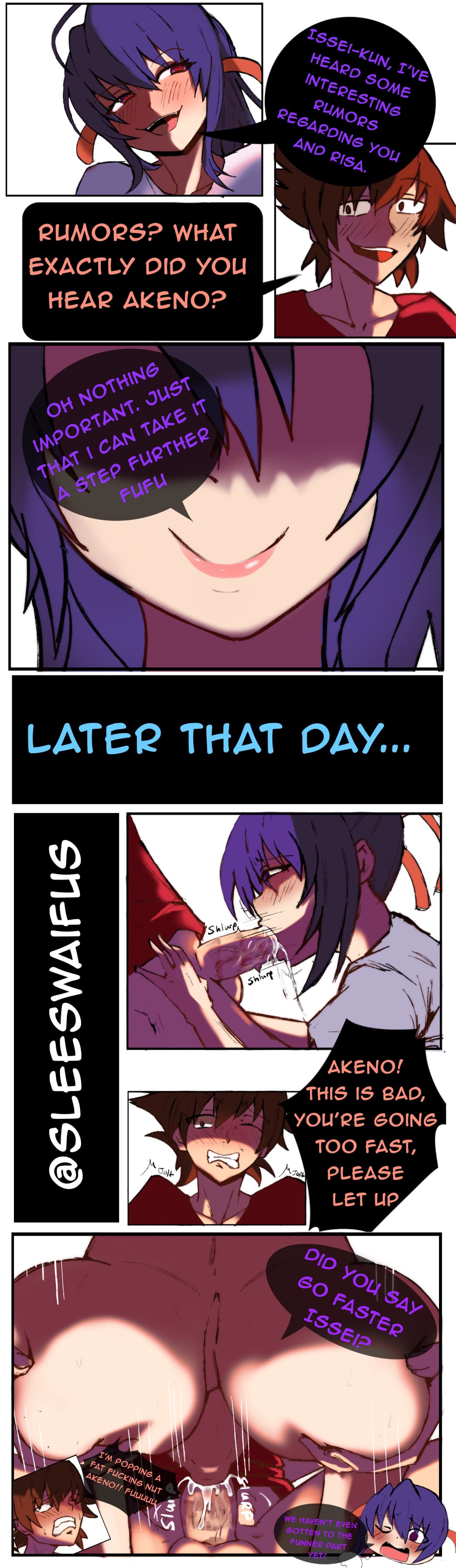 1boy, 1girls, 2023, akeno himejima, big breasts, breasts, comic, duo, fellatio, female, femdom, heart, heart-shaped pupils, high school dxd, hyoudou issei, instant loss 2koma, low-angle view, male, multiple views, oral, sleesart, smile, smug