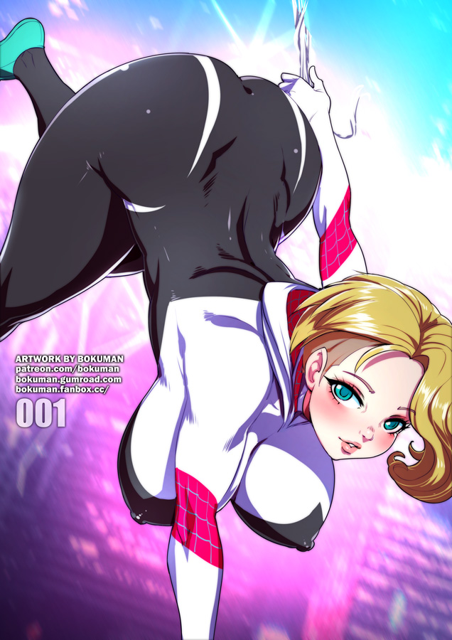 1girls, asymmetrical hair, blonde hair, bokuman, female, female only, fully clothed, gwen stacy, marvel, marvel comics, shaved side, solo, spider-gwen, spider-man (series)