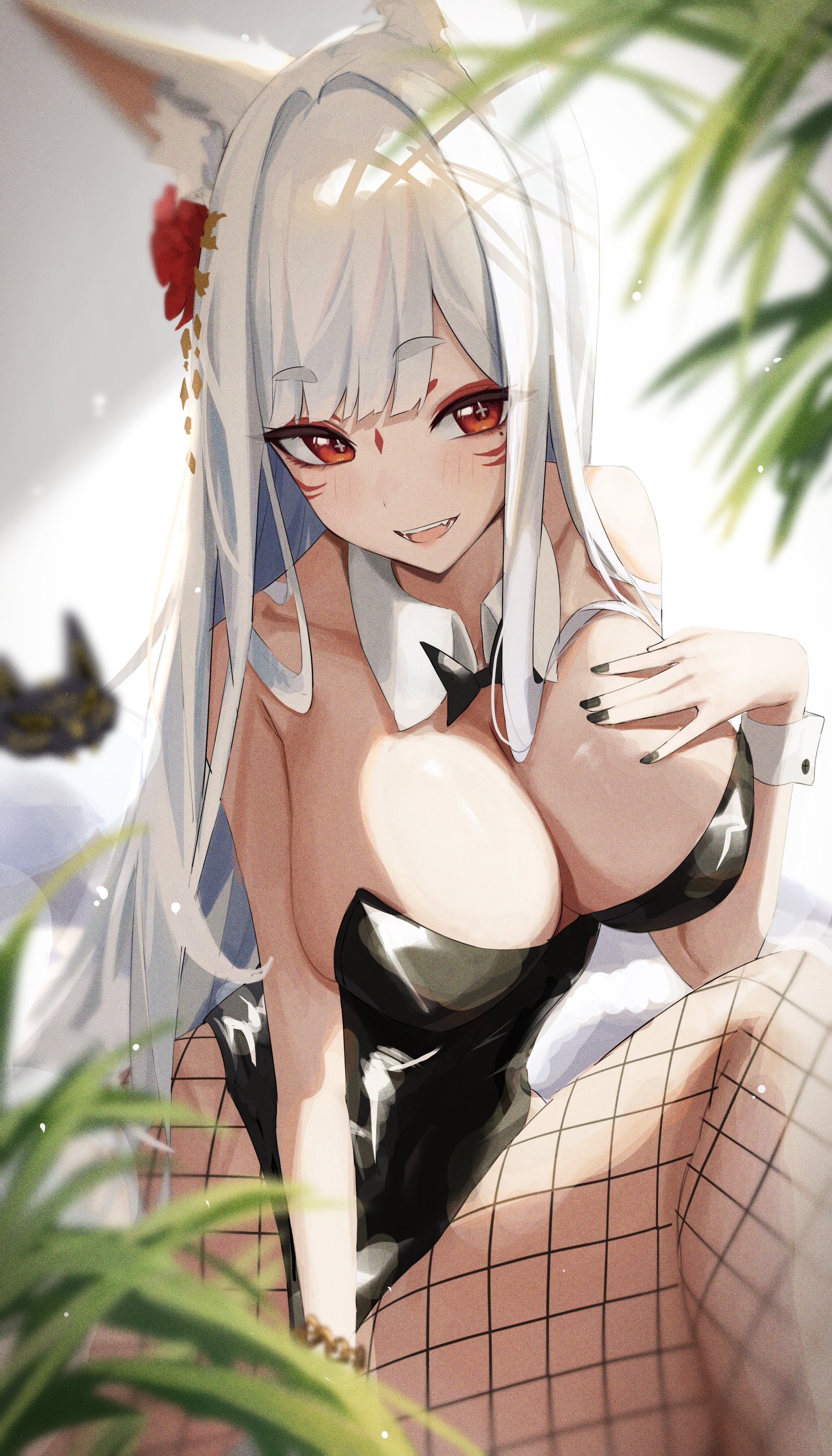 1girls, animal ears, bare shoulders, big breasts, bowtie, breasts, bunnysuit, cleavage, detached collar, exposed shoulders, female, fishnet legwear, fishnets, fox ears, fox girl, hair ornament, large breasts, light blush, light skin, light-skinned female, nijisanji, nijisanji en, nina kosaka, red eyeliner, red eyes, red eyeshadow, ruru nnnn, solo, virtual youtuber, white hair, wrist cuffs