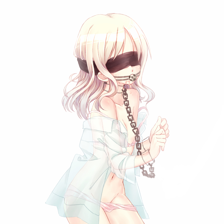 1girls artist_request athletic_female ball_gag blindfold blonde_hair bondage bra breasts chain_collar chained_wrists chains diabolik_lovers drooling female_focus female_only functionally_nude human human_only komori_yui light-skinned_female light_skin panties partially_clothed pink_underwear see_through_clothing simple_background solo solo_female solo_focus tagme_(artist) thin underwear white_background