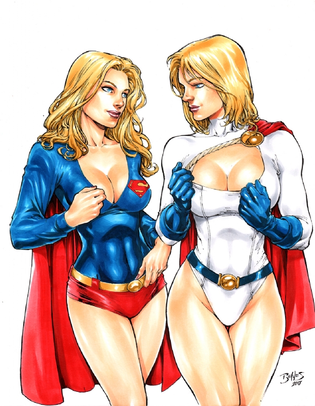 2girls big_breasts blonde_hair blue_eyes cape cleavage_cutout clothed clothing dc dc_comics ed_benes ed_benes_studio female female_only kara_danvers kara_zor-el karen_starr power_girl red_cape supergirl supergirl_(series) superman_(series)