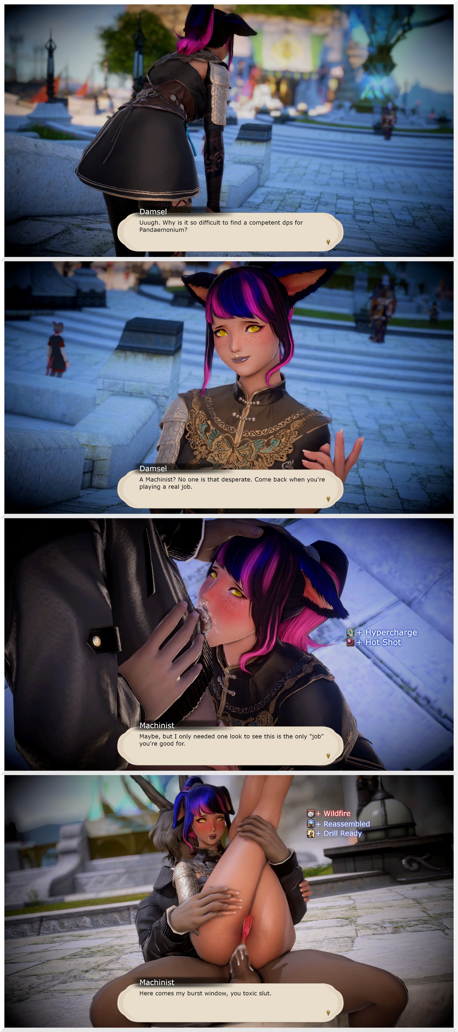 anal, blowjob, blush, cum, cum inside, debuff, fellatio, female, final fantasy, final fantasy xiv, forced, forced oral, fucked into submission, gpose (ffxiv), miqo'te, oral, pawgnova, rape, smug, status effect, tagme