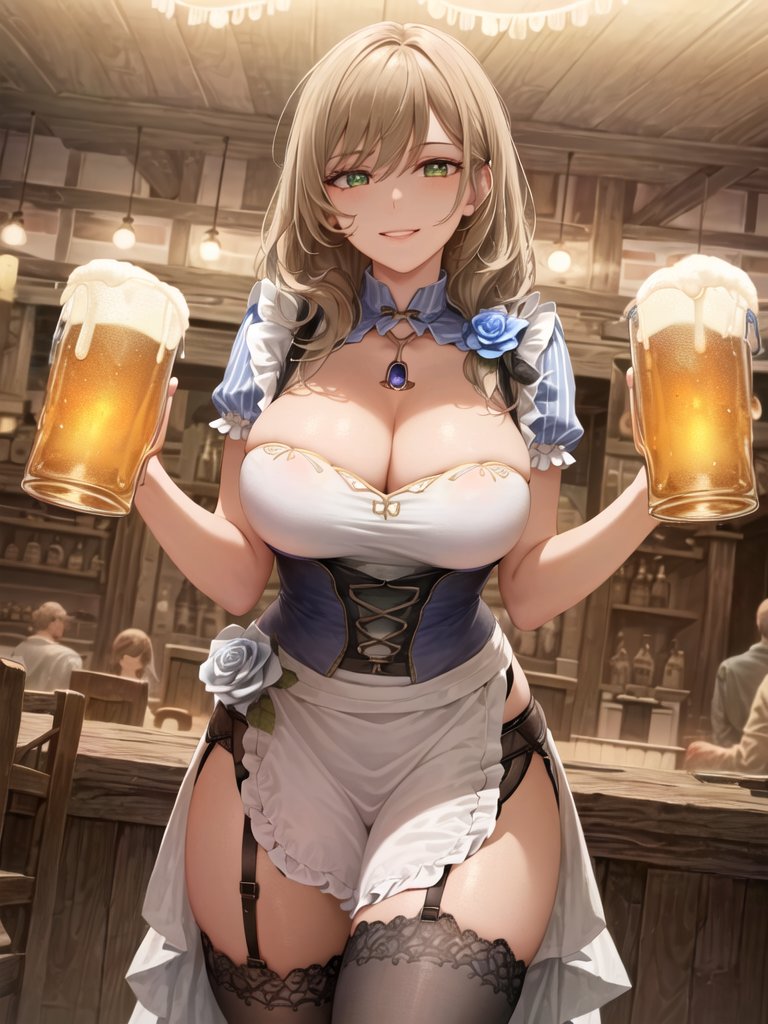 1girls ai_generated alcohol bar_maid barmaid beer beer_mug breasts brown_hair busty cleavage drink garter_belt garter_straps genshin_impact green_eyes large_breasts lingerie lingerie_under_clothes lisa_(genshin_impact) looking_at_viewer maid mature_female milf smile tavern thick_thighs thighhighs waitress