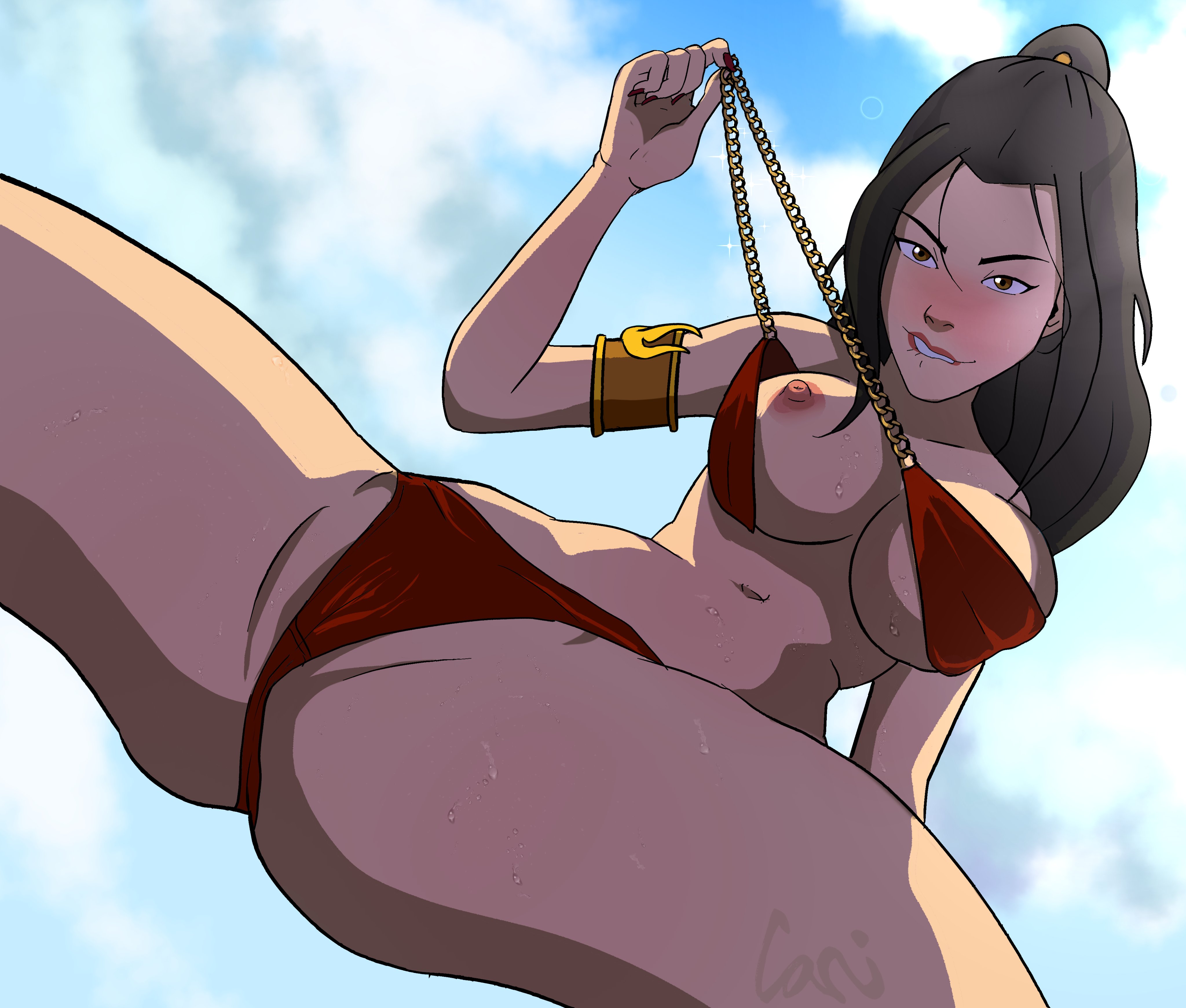 armband, avatar the last airbender, azula, bikini, biting lip, breasts, cani (artist), female, fire nation, large breasts, legs apart, one breast out, princess, royalty, swimsuit, teasing, undressing