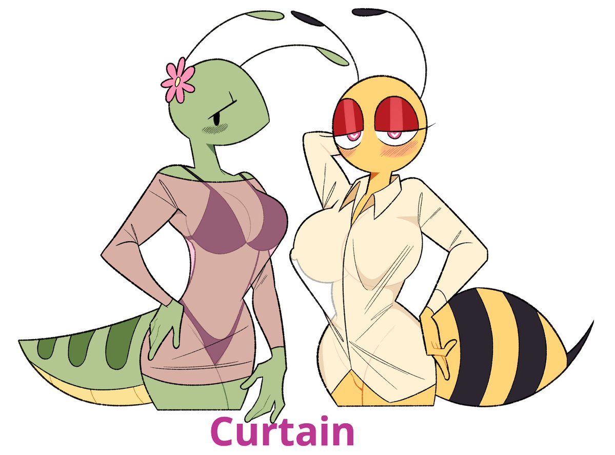 antennae antennae_(anatomy) barely_clothed bee bee_girl bikini blush blushing_at_viewer flower_on_head heart-shaped_pupils honey_(idolomantises) idolomantises insects looking_at_viewer mothmilfs papaya_(idolomantisies) partially_clothed showing_off transparent_clothing