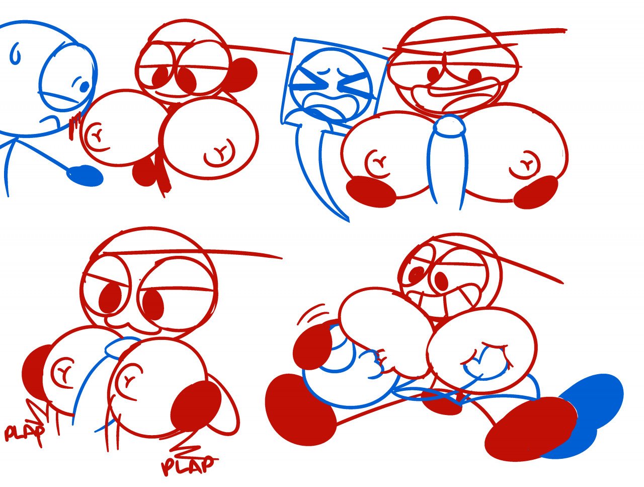 2boys big_breasts big_penis blue_(dick_figures) busty_boy dick_figures gay groping_breasts hat headpat huge_breasts jiggling_breasts nipple_suck paizuri red_(dick_figures) showing_breasts smiling stickman stroking_head suprised_look sweat