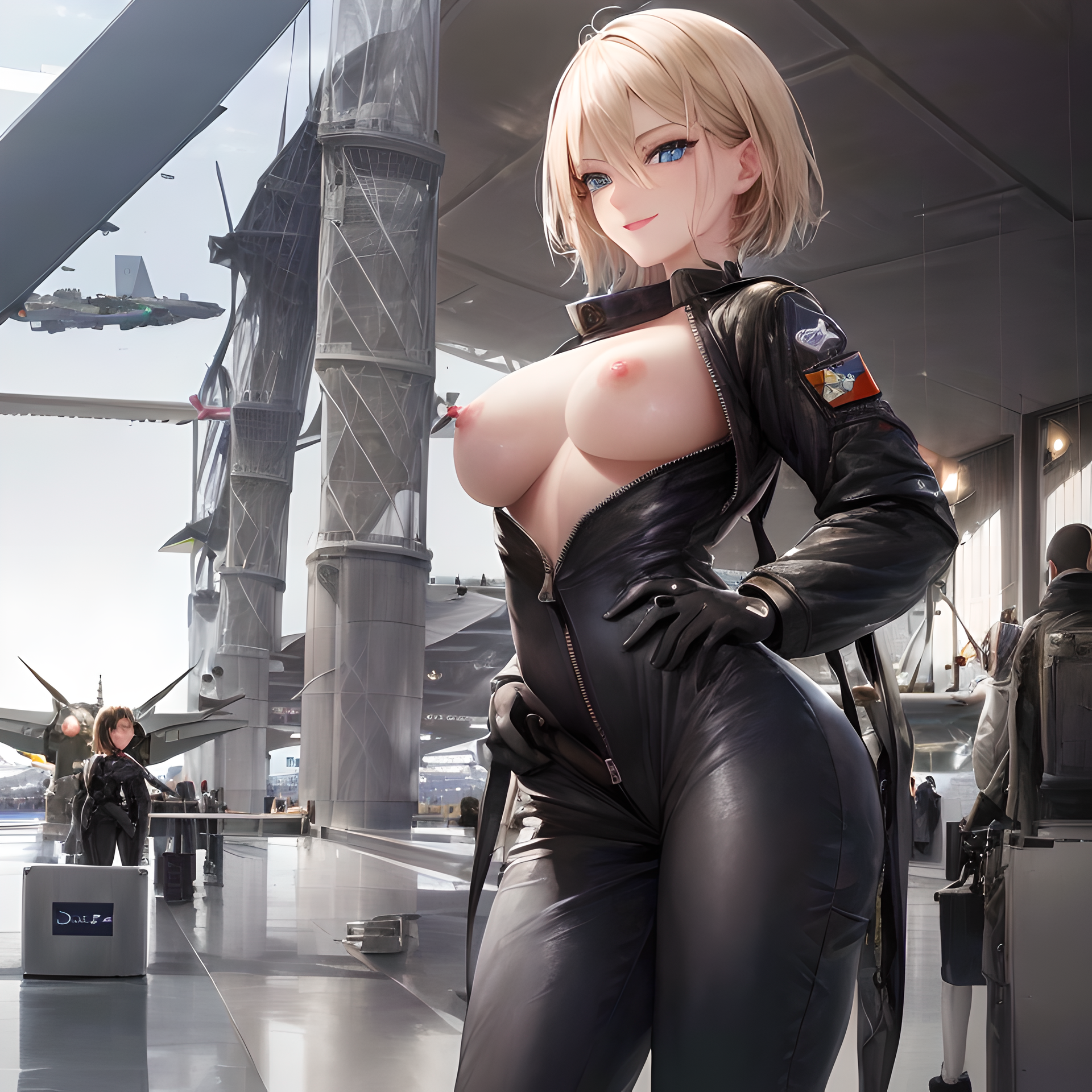 ai generated, aircraft, big breasts, blonde hair, blue eyes, breasts, breasts out, exhibitionism, female, jumpsuit, light skin, light-skinned female, military, military base, short hair, stable diffusion, very high resolution