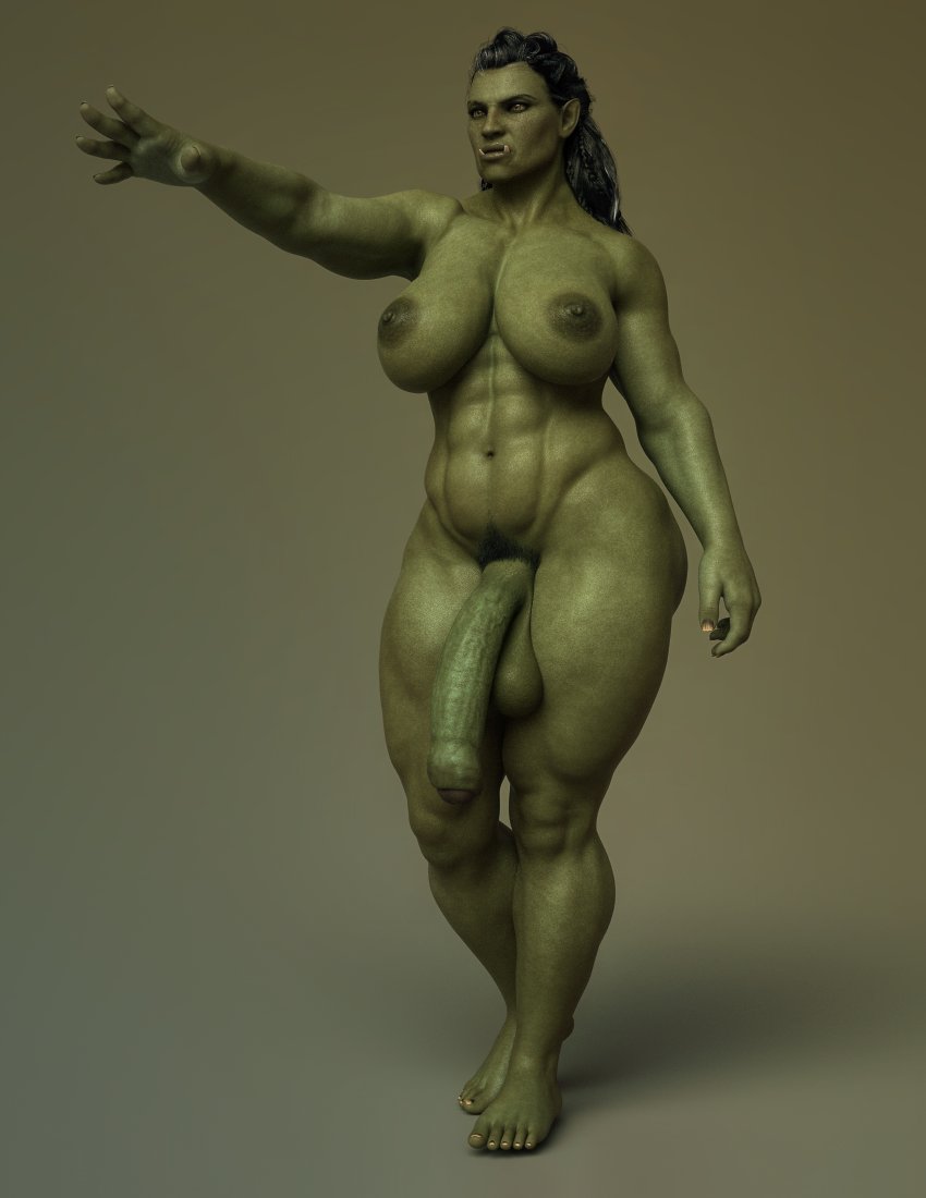 3d, balls, big balls, big breasts, big penis, black hair, breasts, futa only, futanari, green skin, intersex, muscular, muscular futanari, nude, nude futa, orc, orc futa, penis, squarepeg3d