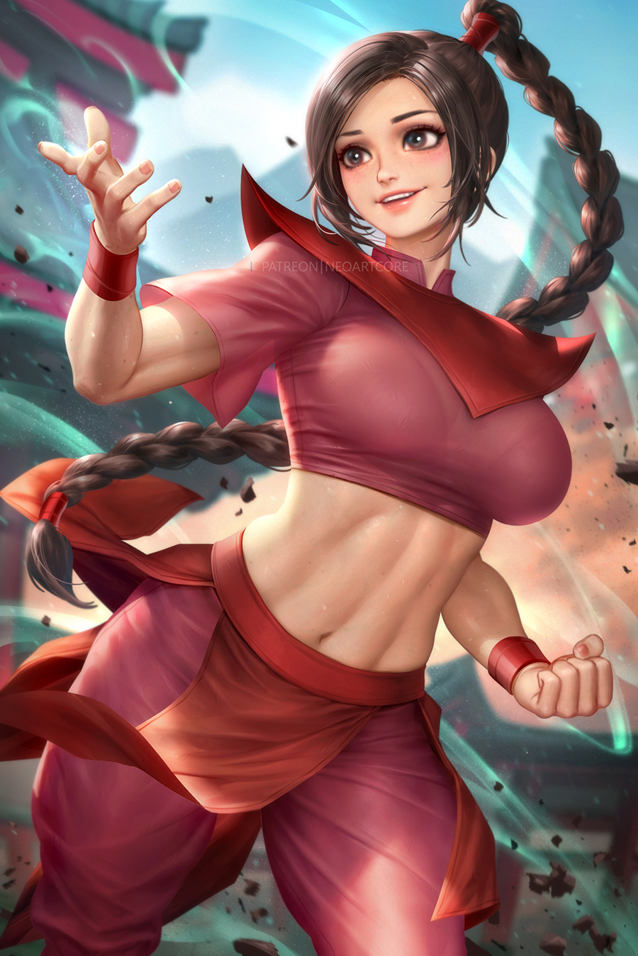 1girls, avatar the last airbender, black hair, braided ponytail, breasts, clothing, female, female only, human, large breasts, looking away, neoartcore, nickelodeon, nudtawut thongmai, see-through clothing, slim waist, solo, standing, tied hair, ty lee, visible underwear, wide hips