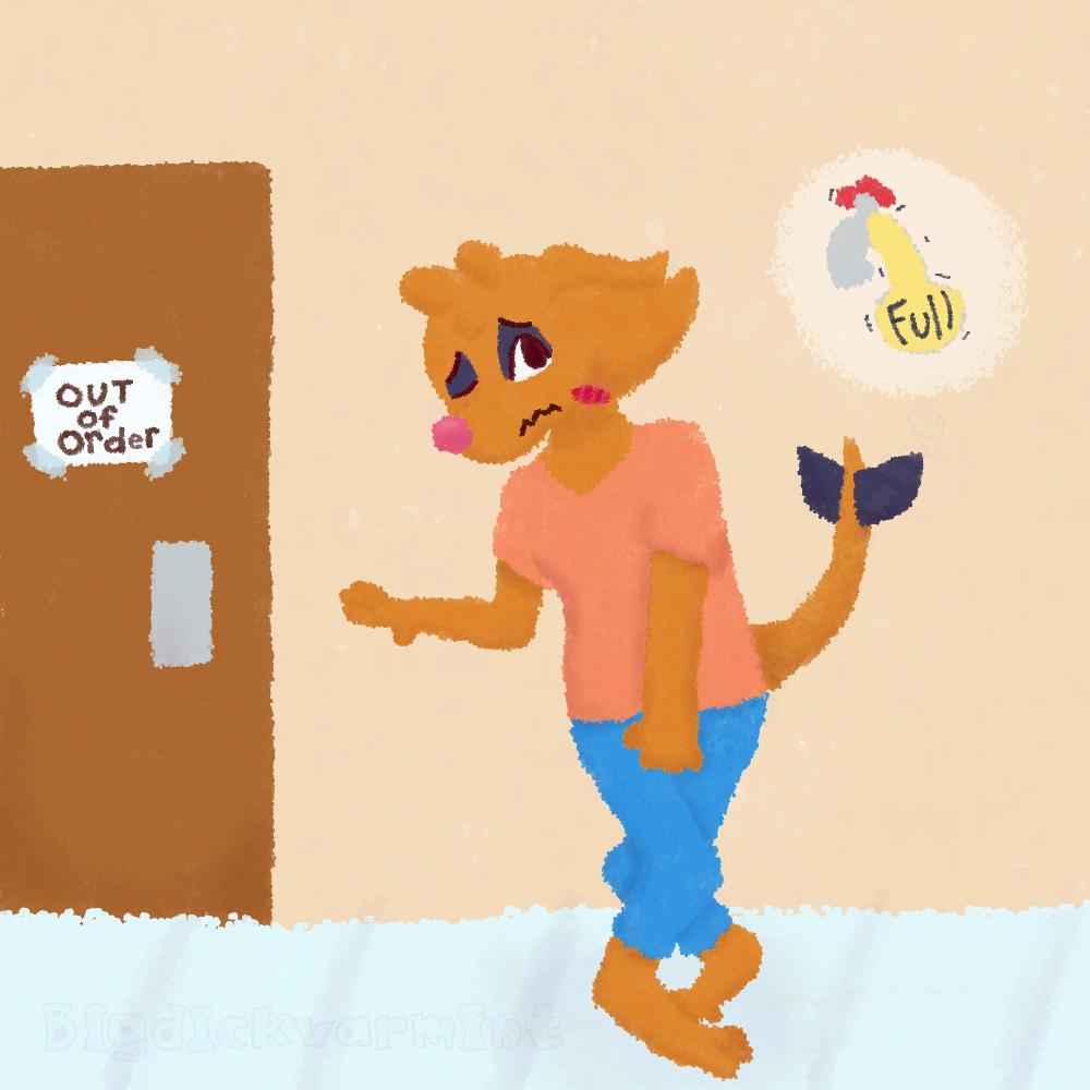 ambiguous_species anthro bathroom bathroom_denial bathroom_desperation bigdickvarmint_(artist) bladder_gauge blue_bottomwear blue_clothing blue_pants blush blush_lines blush_stickers bottomwear clothed clothing crossed_legs desperation digital_media_(artwork) digital_painting_(artwork) digitigrade fur head_tuft holding_crotch imminent_pee inside interior_background lineless mac_(bigdickvarmint) male nervous omorashi one_eye_closed orange_body orange_fur out_of_order pants pink_clothing pink_nose pink_shirt pink_topwear shaded shirt solo_focus tail topwear tuft