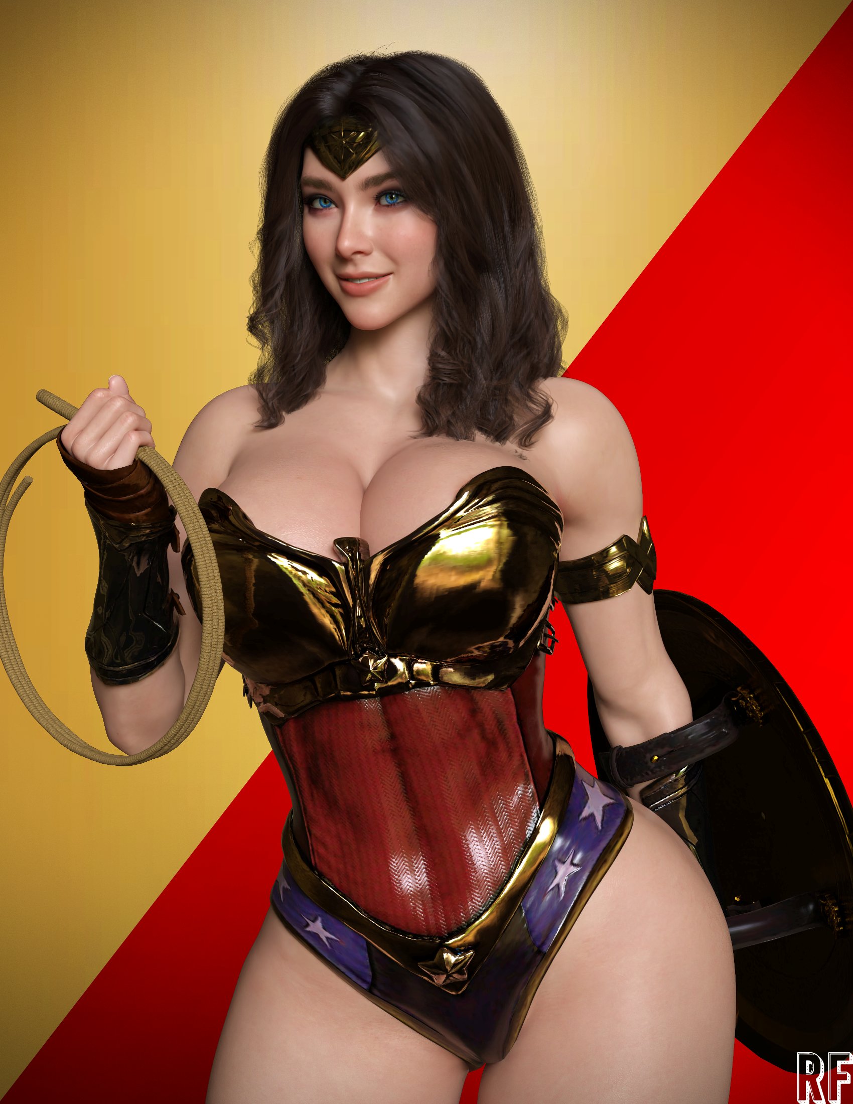1girls, 3d, 3d (artwork), absurd res, alternate version at source, alternate version available, amazon, big breasts, black hair, blue eyes, breasts, cleavage, dc, dc comics, diana prince, female, female only, hi res, large breasts, lasso of truth, light skin, light-skinned female, rude frog, shield, solo, solo female, wide hips, wonder woman, wonder woman (series)