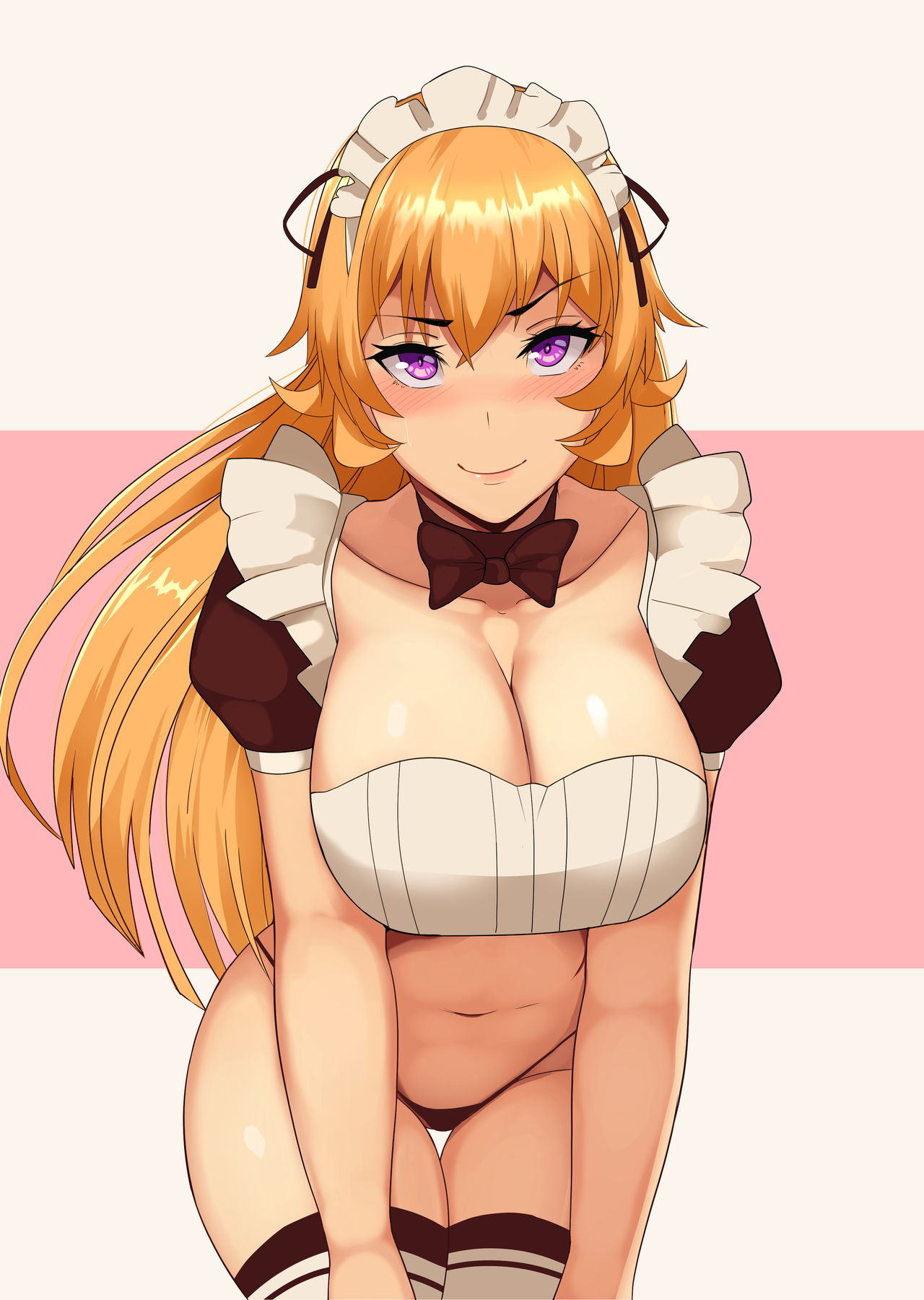 1girls, big breasts, blonde hair, blonde-haired female, blush, breasts, brown hair, female, lainart, nakiri erina, nipples, partially clothed, pink eyes, shirt lift, shokugeki no souma, solo
