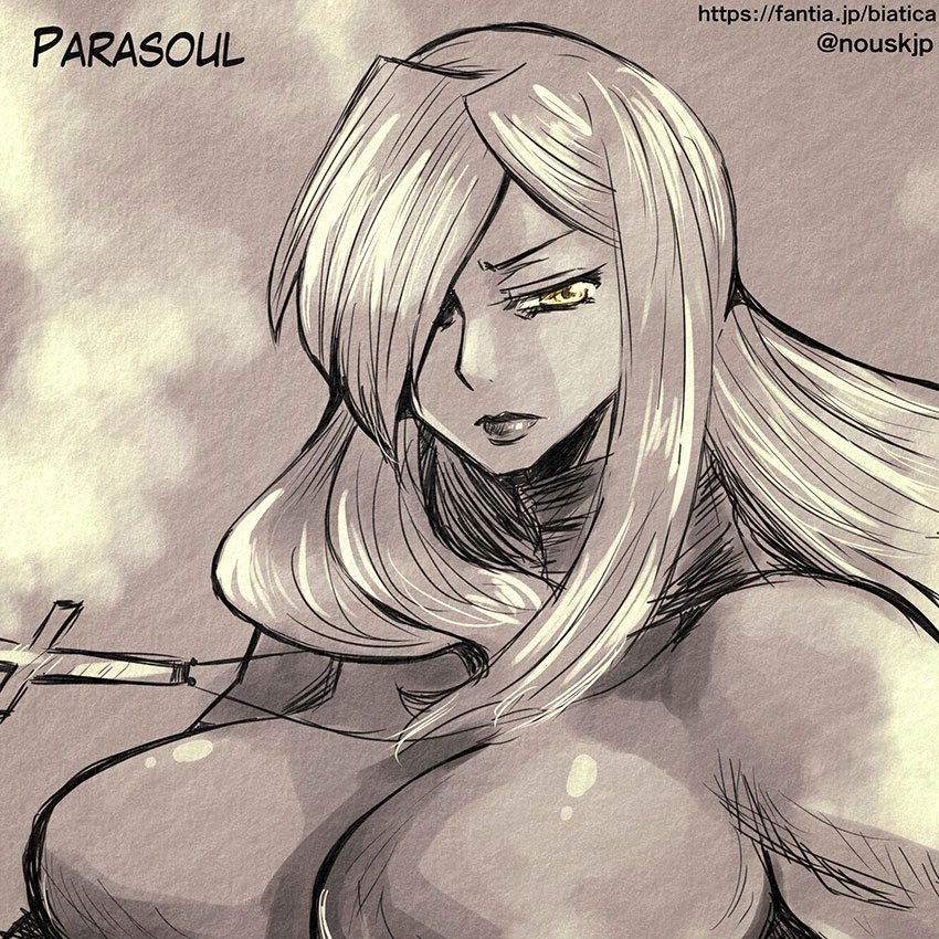 huge_breasts monochrome nousk parasoul skullgirls upside_down_cross