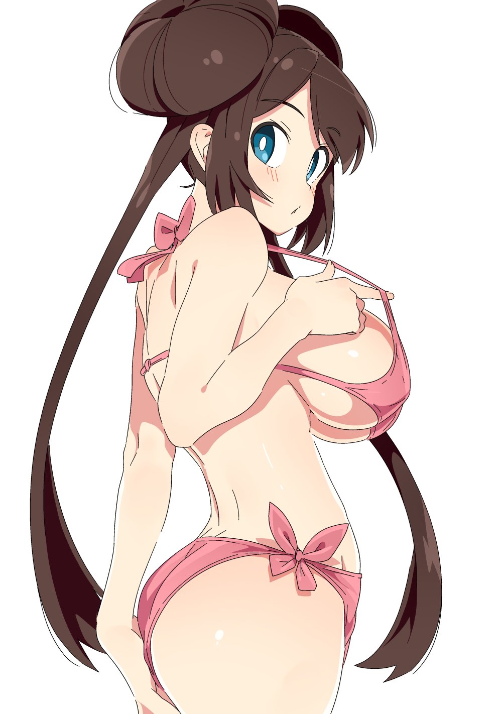 1girls ass bikini blue_eyes breasts brown_hair female large_ass large_breasts light-skinned_female light_skin long_hair nintendo pink_bikini pokemon pokemon_bw2 rosa_(pokemon) thighs tottotonero twin_buns twintails