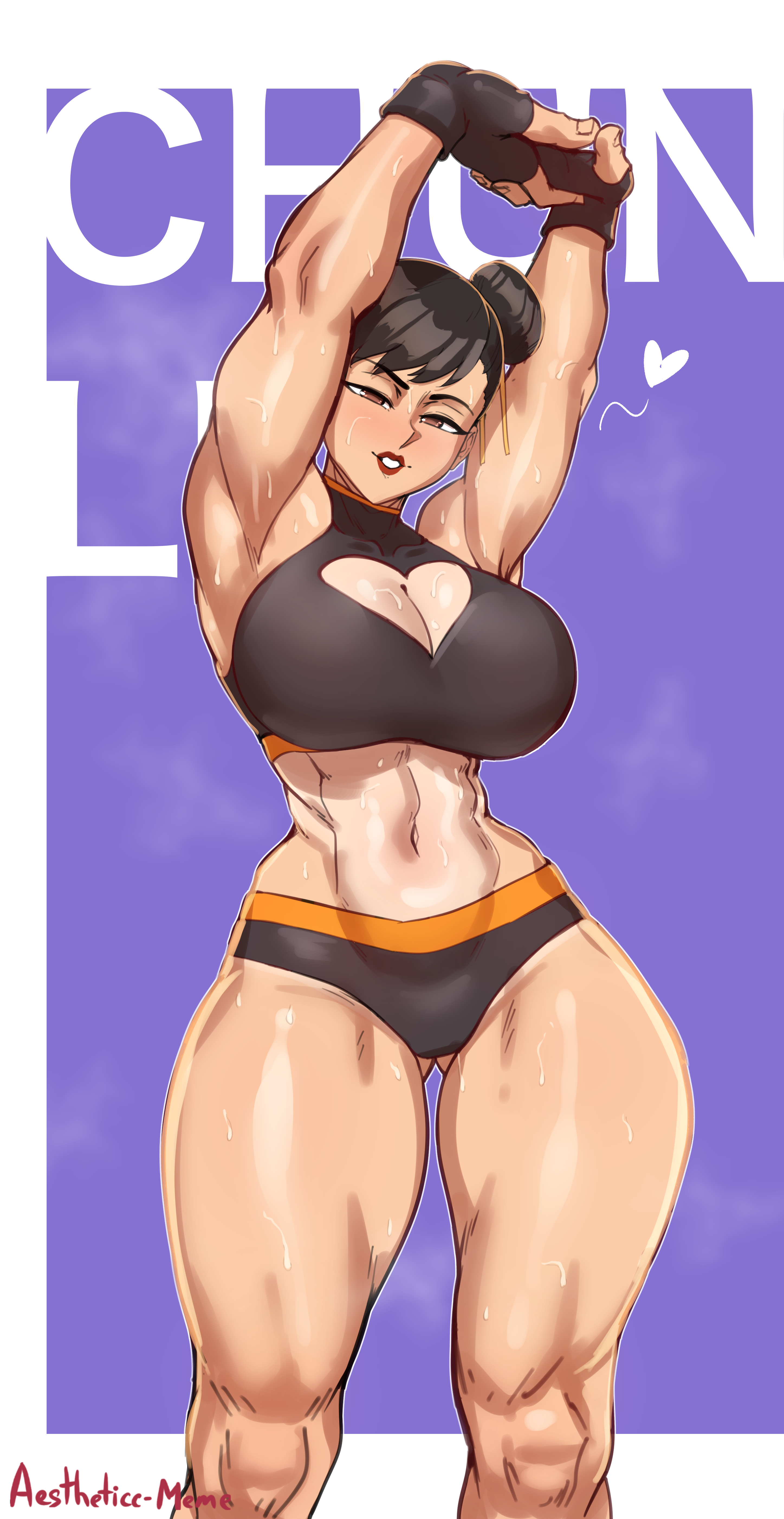 1girls, 2023, abs, absurd res, absurdres, aestheticc-meme, artist name, ass visible through thighs, big breasts, black hair, breasts, capcom, chun-li, cleavage, cleavage cutout, female, female focus, female only, hair bun, hair buns, hi res, high resolution, highres, large breasts, lipstick, midriff, short hair, simple background, small waist, solo, solo focus, sports bra, sportswear, stomach, street fighter, stretching, sweat, sweaty, tagme, thick thighs, thunder thighs, toned, toned arms, toned body, toned female, tummy, wide hips, workout clothes