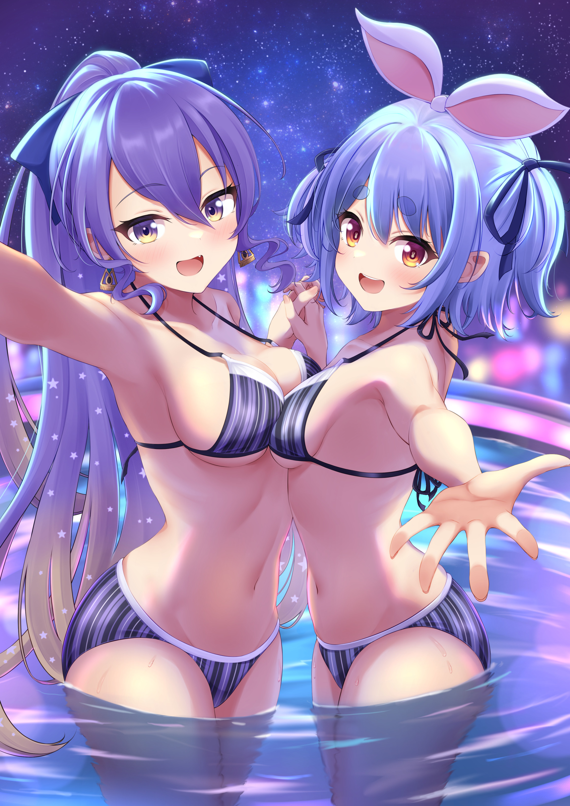 2girls, absurdres, animal ears, armpits, ass, asymmetrical docking, bare shoulders, bikini, blue hair, breast press, breasts, cleavage, collarbone, commentary request, cowboy shot, drill locks, fang, female, female only, from side, gradient eyes, highres, hololive, hololive fantasy, hololive indonesia, hololive indonesia area 15, hololive japan, interlocked fingers, kaigan, looking at viewer, matching outfit, medium breasts, moona hoshinova, multicolored eyes, multiple females, multiple girls, navel, orange eyes, outstretched arm, purple eyes, purple hair, rabbit ears, reaching towards viewer, sideboob, smile, striped, striped bikini, swimsuit, thick eyebrows, usada pekora, virtual youtuber, wading