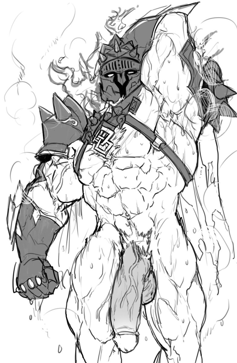 arm_behind_head arm_up armpit balls bara big_balls big_penis dokichi fire helmet male male_only monochrome muscles muscular musk penis solo solo_male surtr_(tokyo_afterschool_summoners) sweaty tokyo_afterschool_summoners