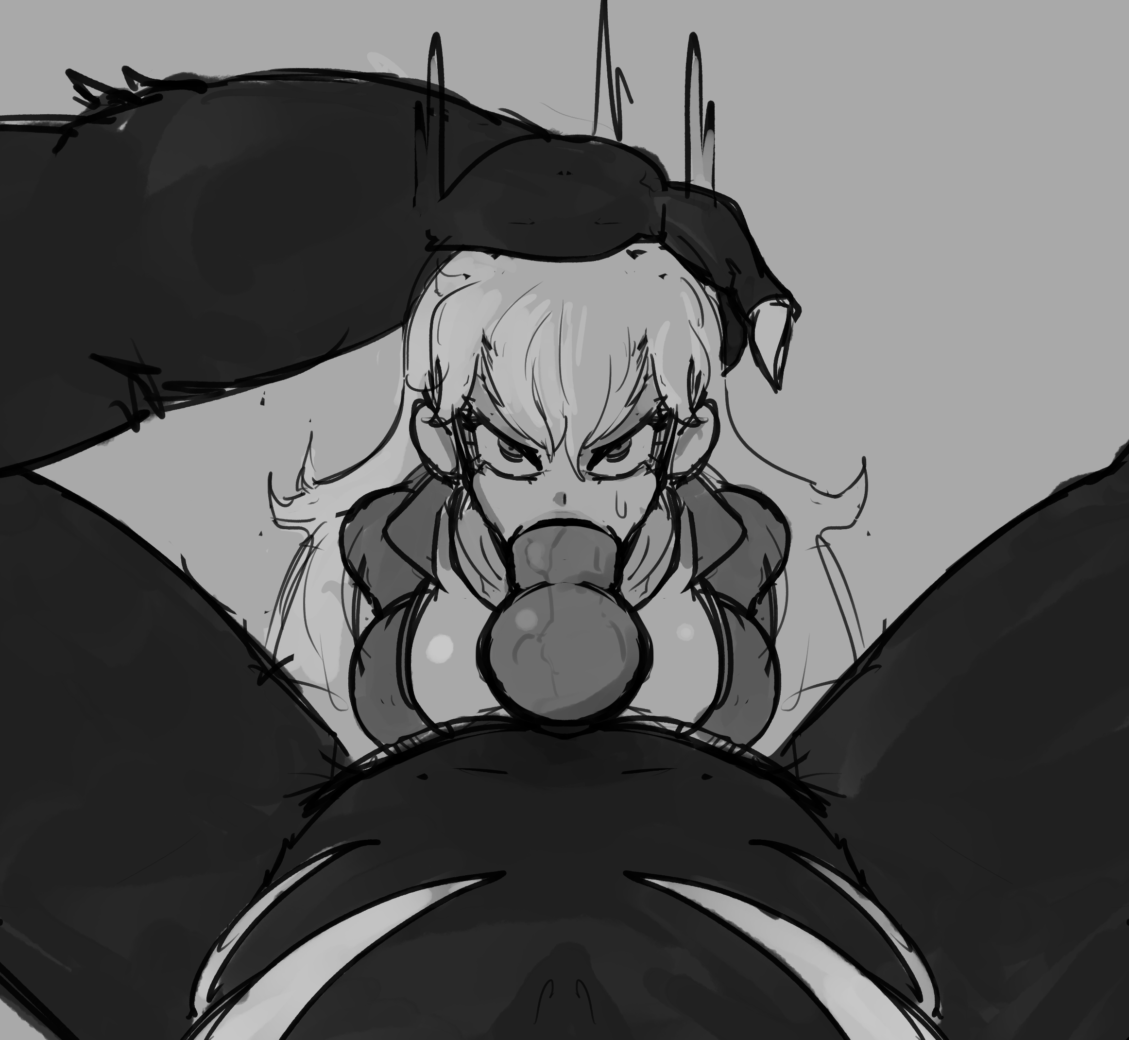 1girls, 1monster, angry, angry face, deepthroat, dubious consent, fellatio, female, grimm (rwby), head grab, interspecies, long hair, looking at viewer, monochrome, monster, monster on female, oral, pov, rwby, smaller female, smaller sub, spiltchutney, tagme, yang xiao long