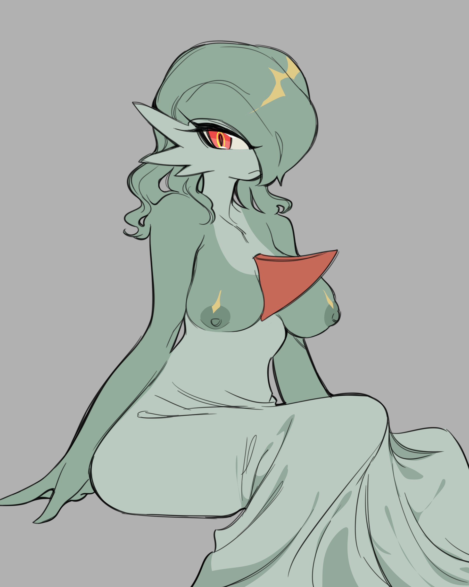 1girls, anthro, breasts, casual, casual nudity, clothing, dress, expressionless, female, female only, gardevoir, glacierclear, green hair, grey background, hair over one eye, humanoid, large breasts, legs together, long hair, looking at viewer, nintendo, nipples, pokémon (species), pokemon, pokemon (species), red eyes, simple background, sitting, skirt, solo, topless, wide hips