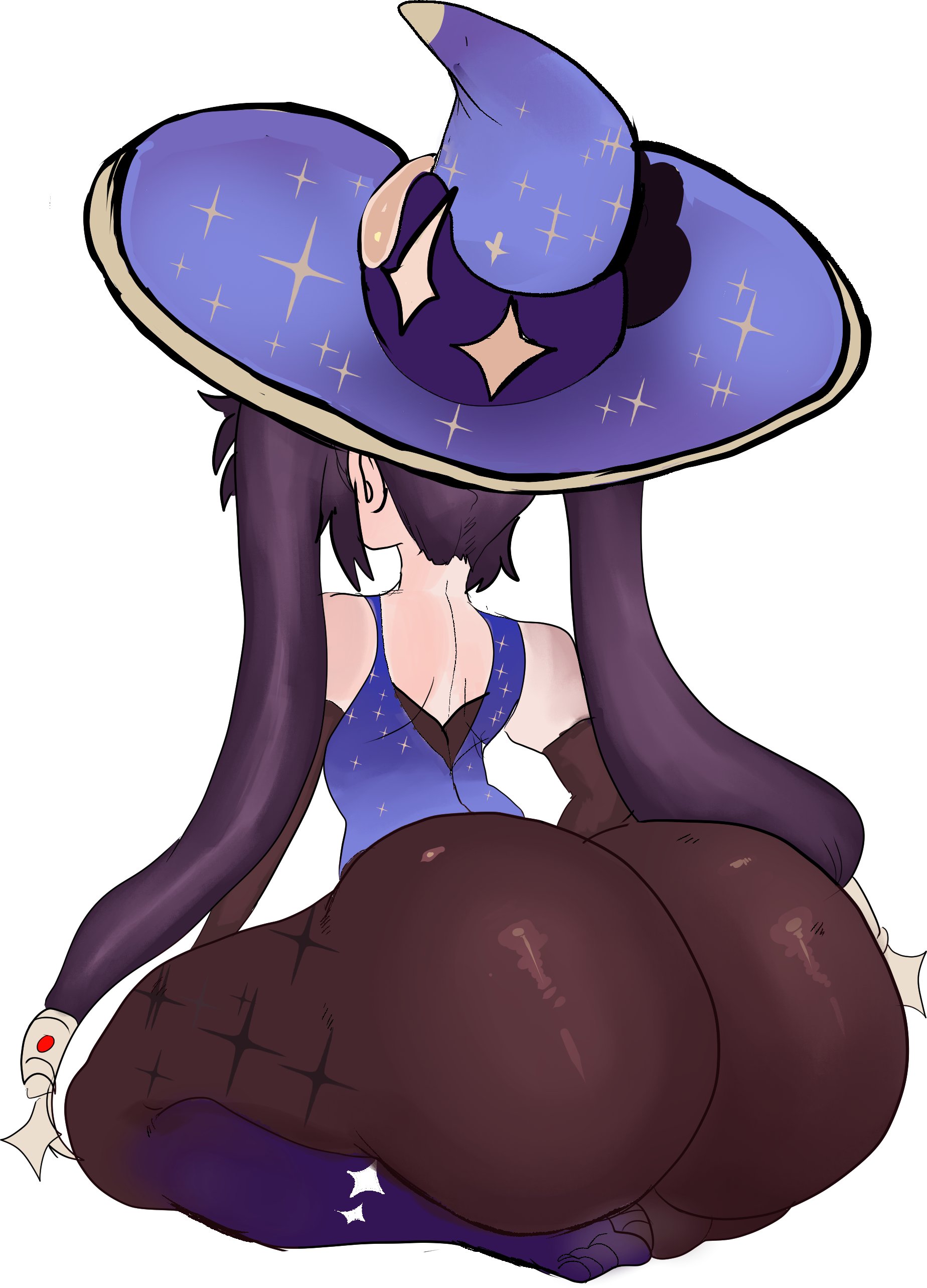 1girls, 2d, art trade, ass, big ass, black hair, bottom heavy, bubble ass, bubble butt, clothing, fat ass, female, female only, genshin impact, hat, huge ass, large ass, lemonadepikachu, mona (genshin impact), on knees, rear view, solo, thick ass, thick thighs, thunder thighs, wide hips