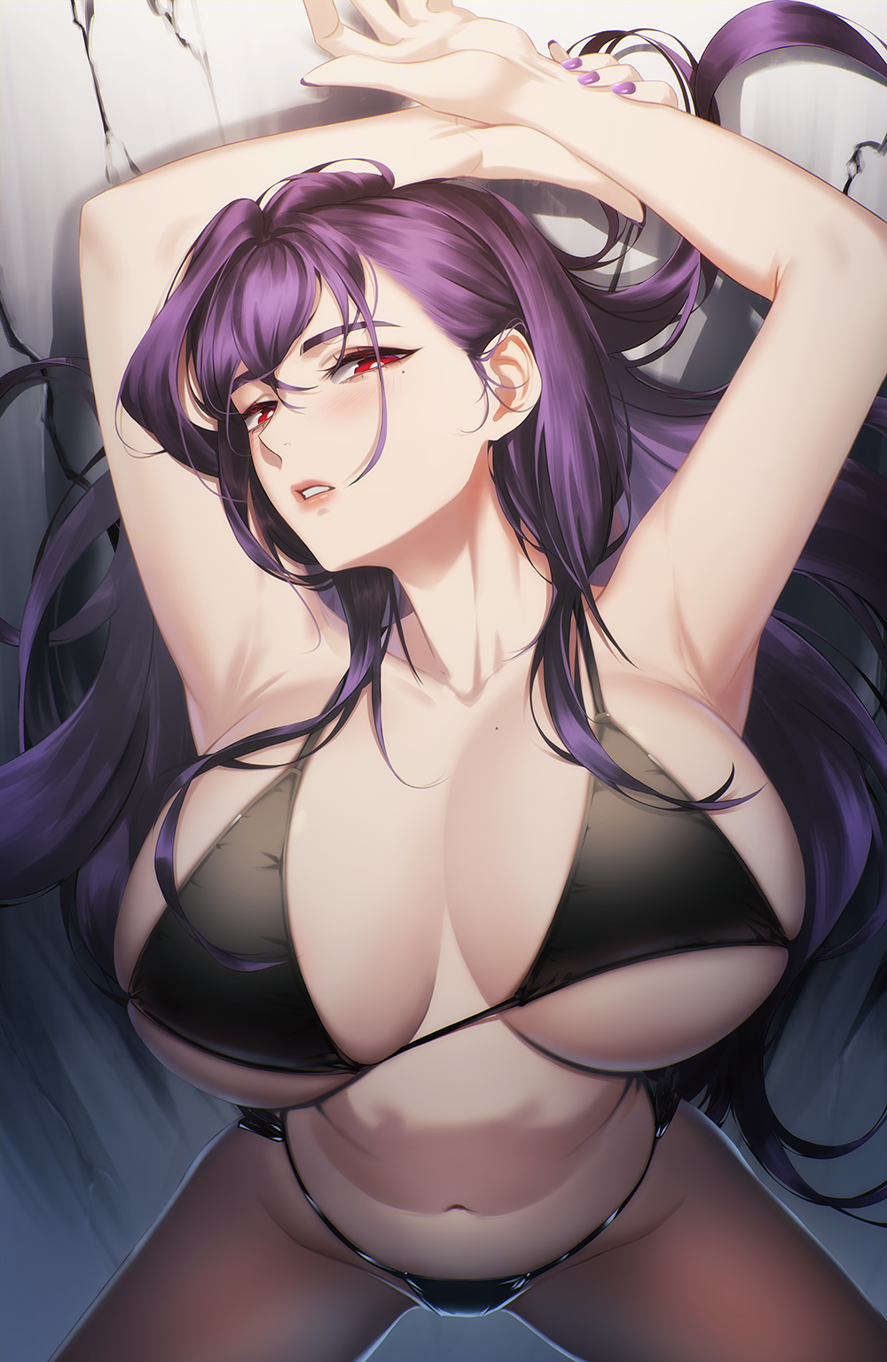 1girls belly_button big_breasts black_bra black_panties blueorca bouncing_breasts bra fingernails light-skinned_female light_skin looking_at_viewer nail_polish original panties purple_hair purple_nails red_eyes