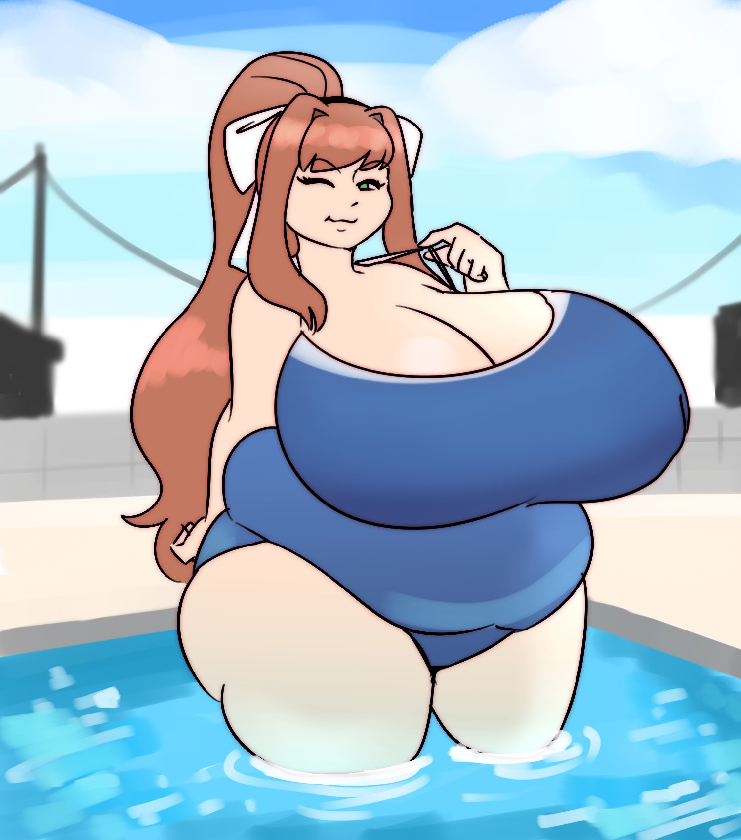 1girls, bbw, big belly, breasts, doki doki literature club, fat, female, flirting, huge breasts, looking at viewer, monika (doki doki literature club), plump, swimming pool, swimsuit, tease, wink