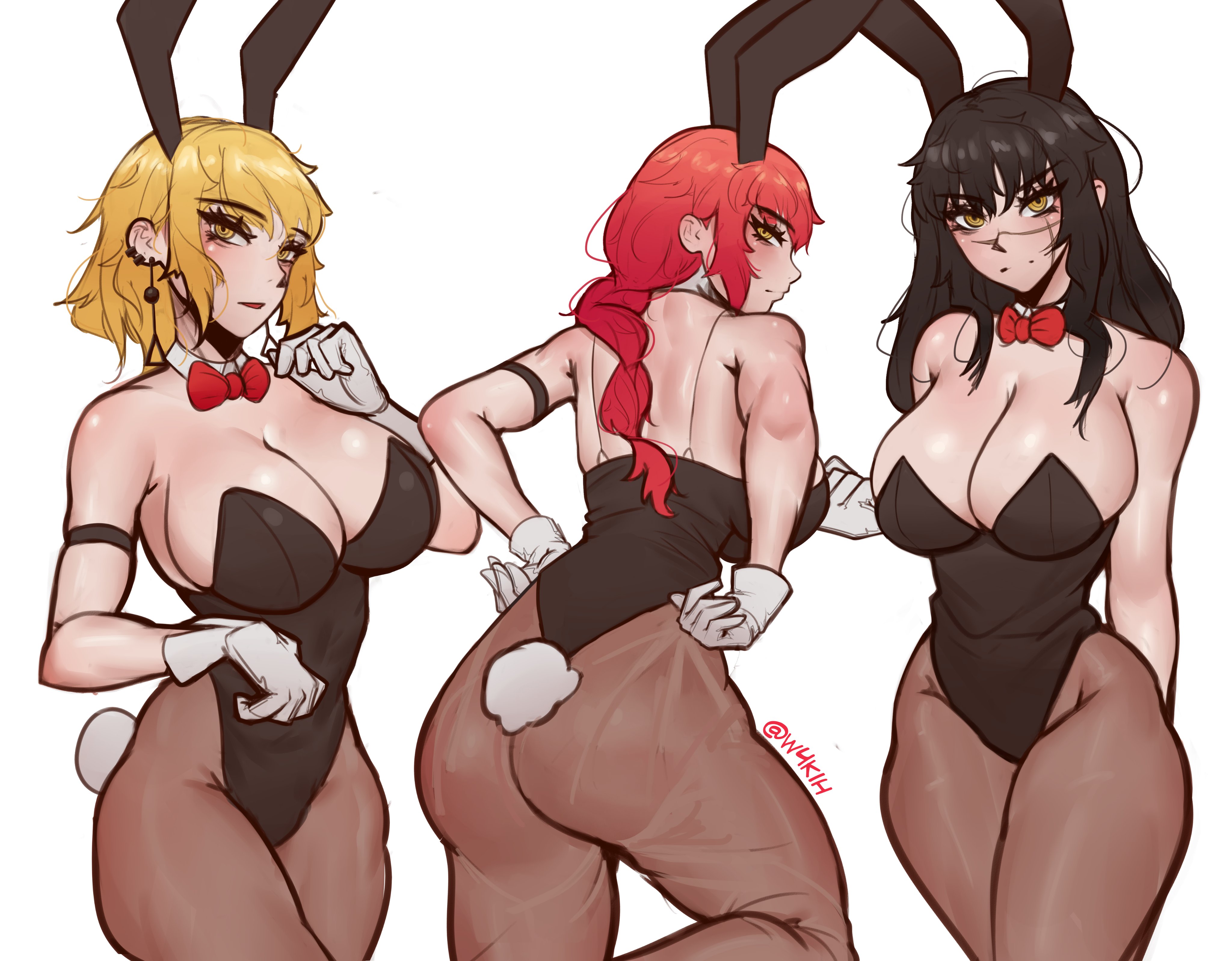 2d, 3girls, ass, black hair, blonde hair, breasts, bubble ass, bubble butt, bunny ears, bunny girl, bunnysuit, chainsaw man, death devil (chainsaw man), female, huge breasts, large ass, long hair, makima (chainsaw man), red hair, short hair, thick thighs, w4kih, wide hips, yoru (chainsaw man)