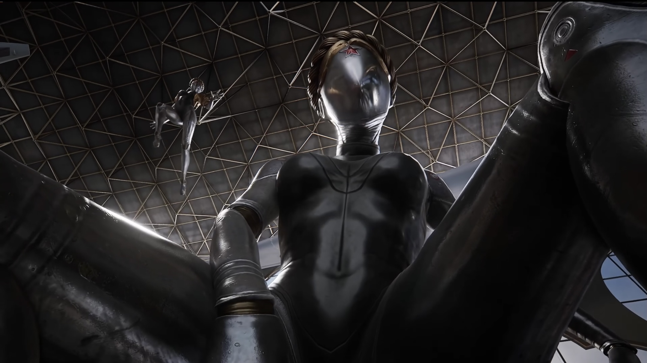 16:9 aspect ratio, 2girls, 3d, android, athletic, athletic female, atomic heart, blonde hair, breasts, brown hair, cowgirl position, female, femdom, high resolution, implied sex, medium breasts, multiple females, multiple girls, official art, on top, pov, realistic, robot, robot girl, screenshot, sexually suggestive, skinny, spread legs, straddling, the twins (atomic heart)