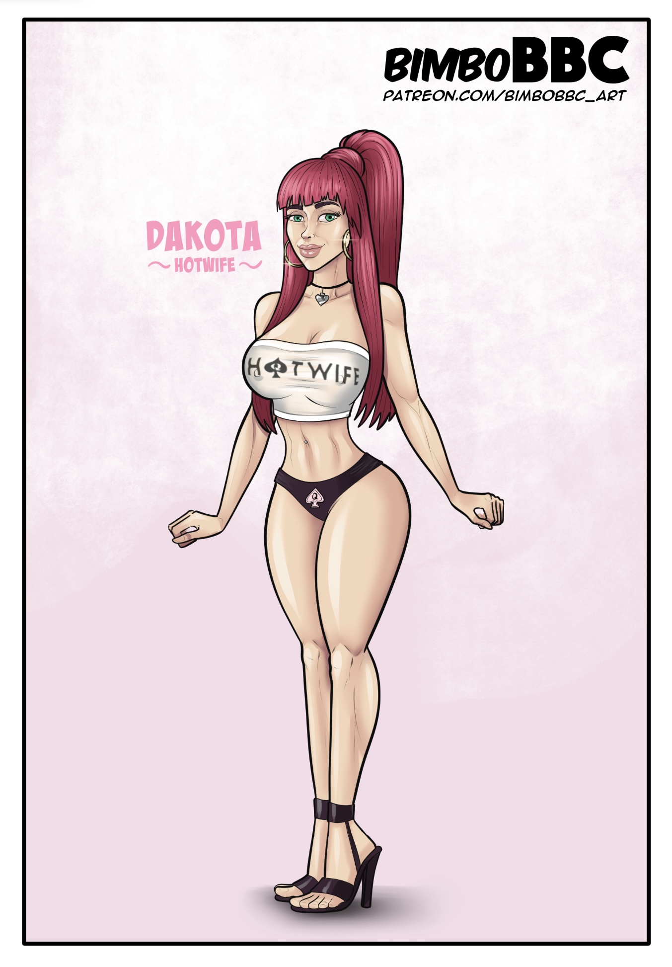 1girls, bimbobbc, breasts, dakota hotwife, english text, female, female only, large breasts, ponytail, queen of spades, red hair, solo, text