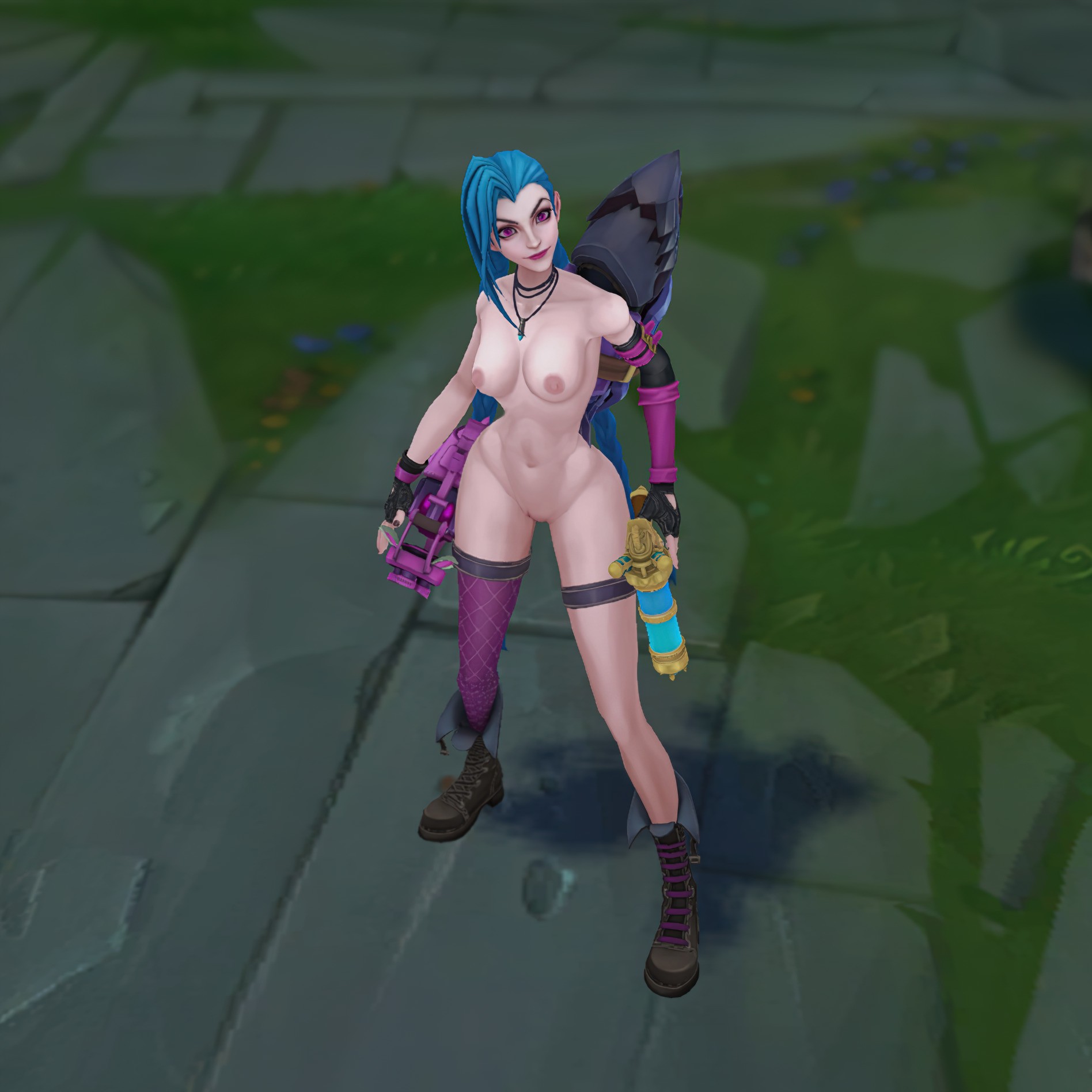 1girls, 3d, areolae, armwear, ass, blue hair, breasts, casual, female, female only, firearm, footwear, functionally nude, functionally nude female, handgun, handwear, human, jinx (league of legends), league of legends, legwear, long hair, mod, naked footwear, neckwear, ninfrock, nipples, pale skin, pussy, shaved pussy, small breasts, solo, tactical nudity, twin braids, twintails, weapon