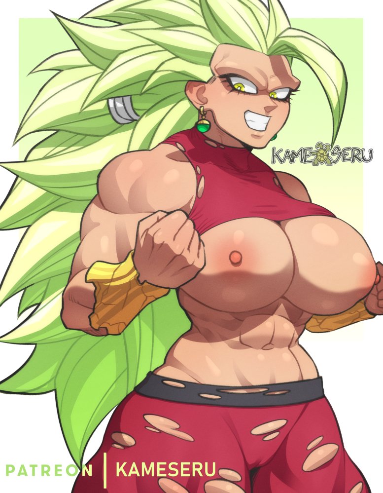 1girls big_breasts breasts busty dragon_ball dragon_ball_super exposed_breasts exposed_nipples kamekuzu kameseru kefla legendary_super_saiyan muscular muscular_female ripped_clothing super_saiyan_3