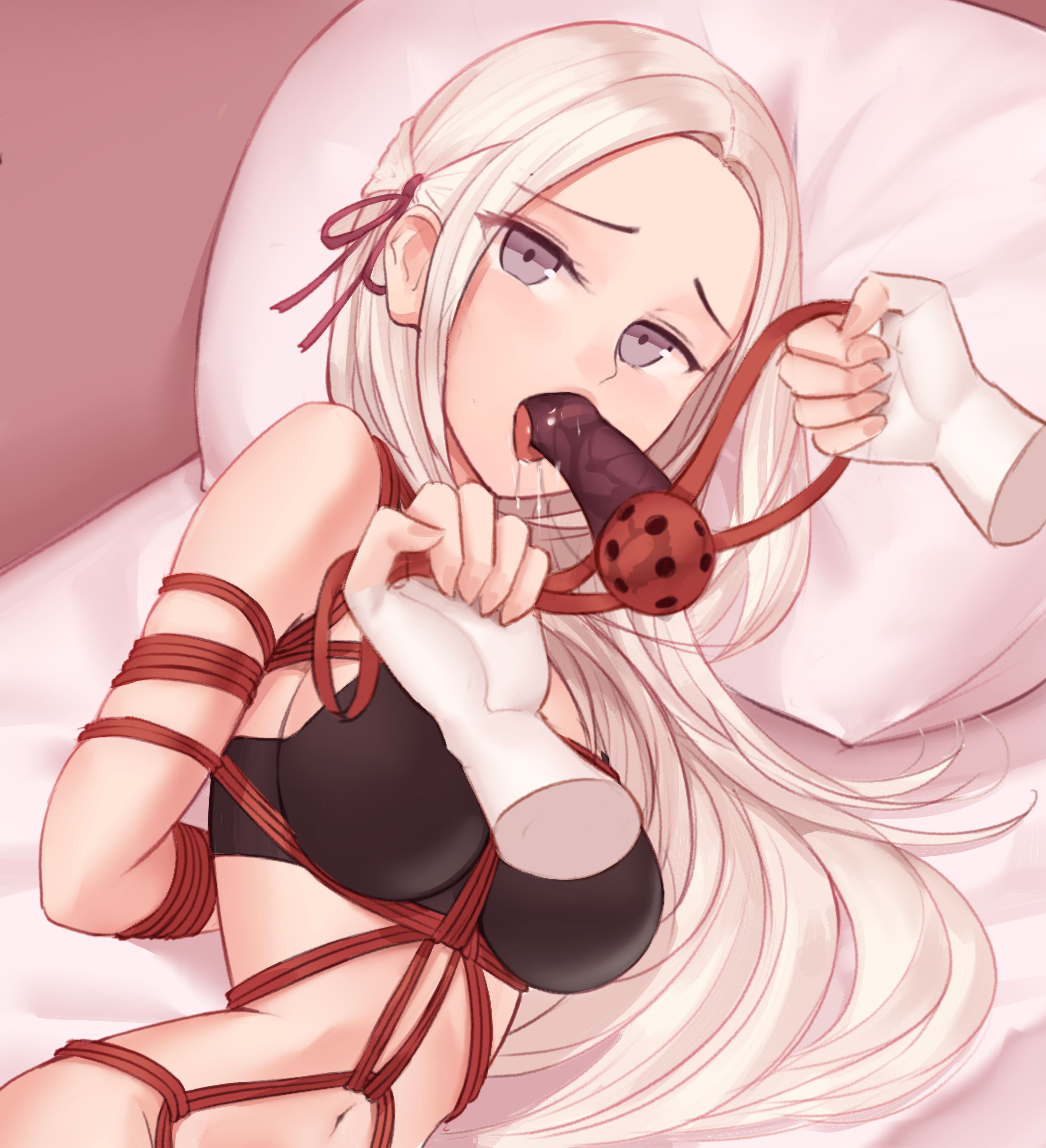 1girls, anonymous artist, arms behind back, ball gag, bed, black bra, black underwear, bondage, bra, breasts, cock gag, dildo, dildo gag, dildo in mouth, drooling, edelgard von hresvelg, female, female focus, femsub, fire emblem, fire emblem: three houses, gag, hair ornament, long hair, looking at viewer, male, midriff, mouth gag, navel, nintendo, on bed, on side, penis, pillow, purple eyes, rope, rope between breasts, rope bondage, saliva, sex toy, shibari over clothes, solo focus, underwear, uzga, white hair