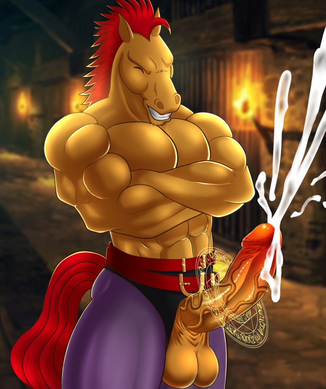 abs anthro anthro_only balls belt big_balls big_bulge big_penis bodily_fluids bottomwear bulge clothing crossed_arms cum cumshot dungeon ejaculating_cum ejaculation equid equine erection fur genital_fluids genitals hair hi_res horse humanoid humanoid_genitalia humanoid_penis looking_at_viewer magic magic_circle male male_only mammal mane mohawk muscular muscular_anthro muscular_male pants pecs penis red_hair red_mane solo stallion_(character) stallion_(words_worth) tail tan_body tan_fur vein veiny_penis white-snow-wolf words_worth