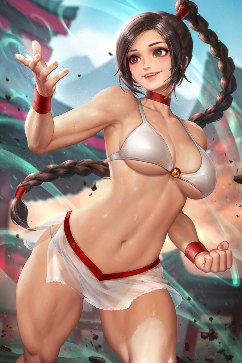 1girls, avatar the last airbender, black hair, braided ponytail, breasts, choker, clothing, female, female only, human, large breasts, looking away, medium breasts, neoartcore, nickelodeon, nudtawut thongmai, see-through clothing, slim waist, solo, standing, swimsuit, thick thighs, tied hair, ty lee, visible underwear, wide hips