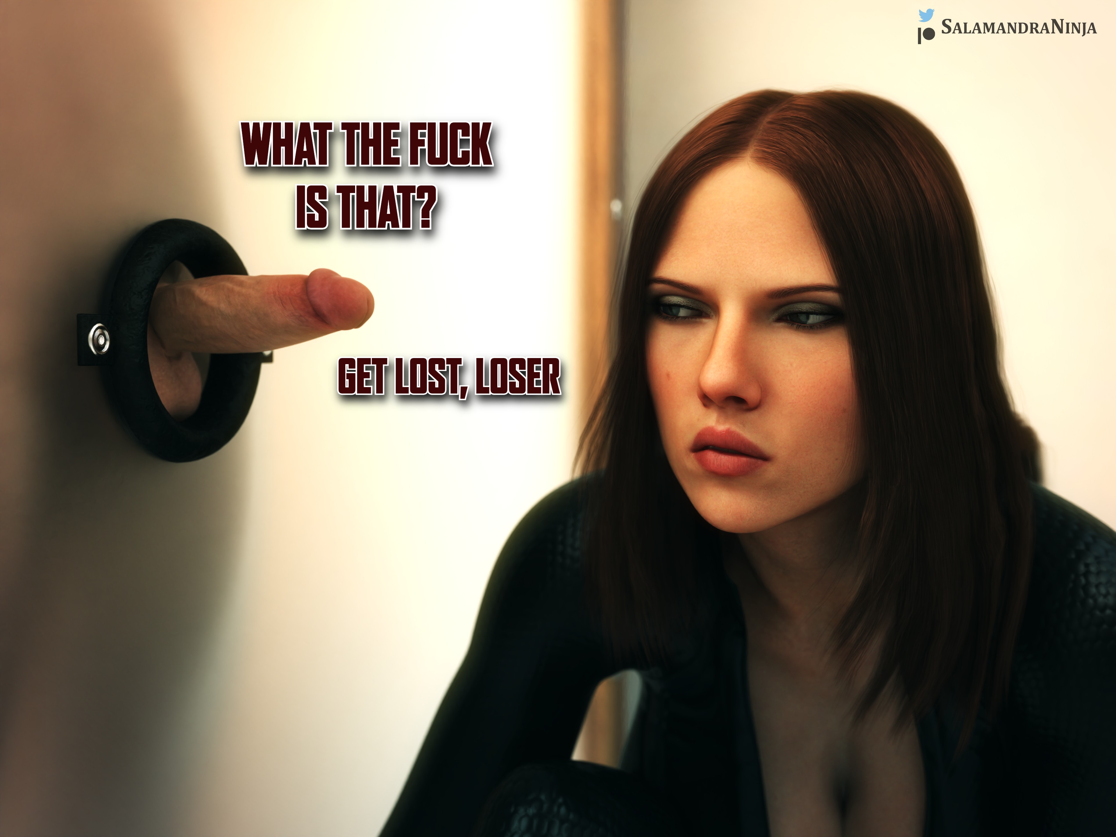 1boy, 1girls, 3d, black widow (marvel), bodysuit, breasts, brown eyes, cleavage, english text, erect penis, erection, eyeshadow, female, glory hole, high resolution, highres, humiliation, kneeling, large breasts, light skin, light-skinned female, light-skinned male, looking at penis, makeup, male, marvel, marvel comics, natasha romanoff, open clothing, pale skin, pale-skinned female, penis, pink lips, red hair, redhead, salamandraninja, scarlett johansson, shiny clothes, skin tight, small penis, small penis humiliation, text, unzipped, unzipped bodysuit