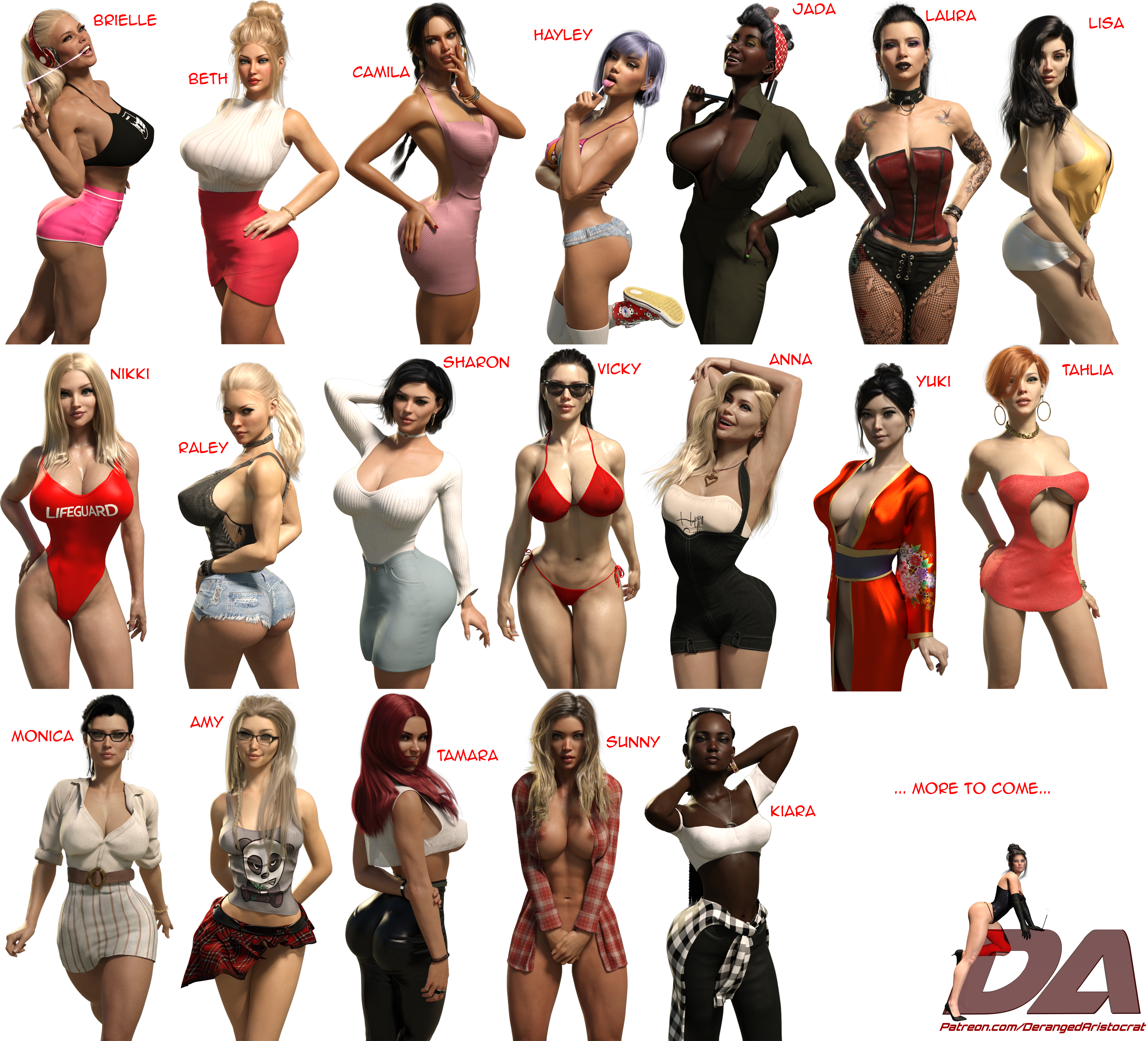 3d, abs, asian, asian female, bikini, black hair, blonde female, blonde hair, booty shorts, bottomless, breasts, breasts bigger than head, brielle (derangedatistocrat), bubble gum, character sheet, china dress, cleavage, dark skin, dark-skinned female, derangedaristocrat, female, female only, goth, hourglass figure, human, human only, large breasts, leggings, light skin, light-skinned female, looking at viewer, multiple females, multiple girls, nikki (derangedaristocrat), red hair, redhead, seductive look, sharon (derangedaristocrat), tank top, tattoo, tattoos, tight clothing, tight pants, voluptuous, voluptuous female, wife, yuki (derangedaristocrat)