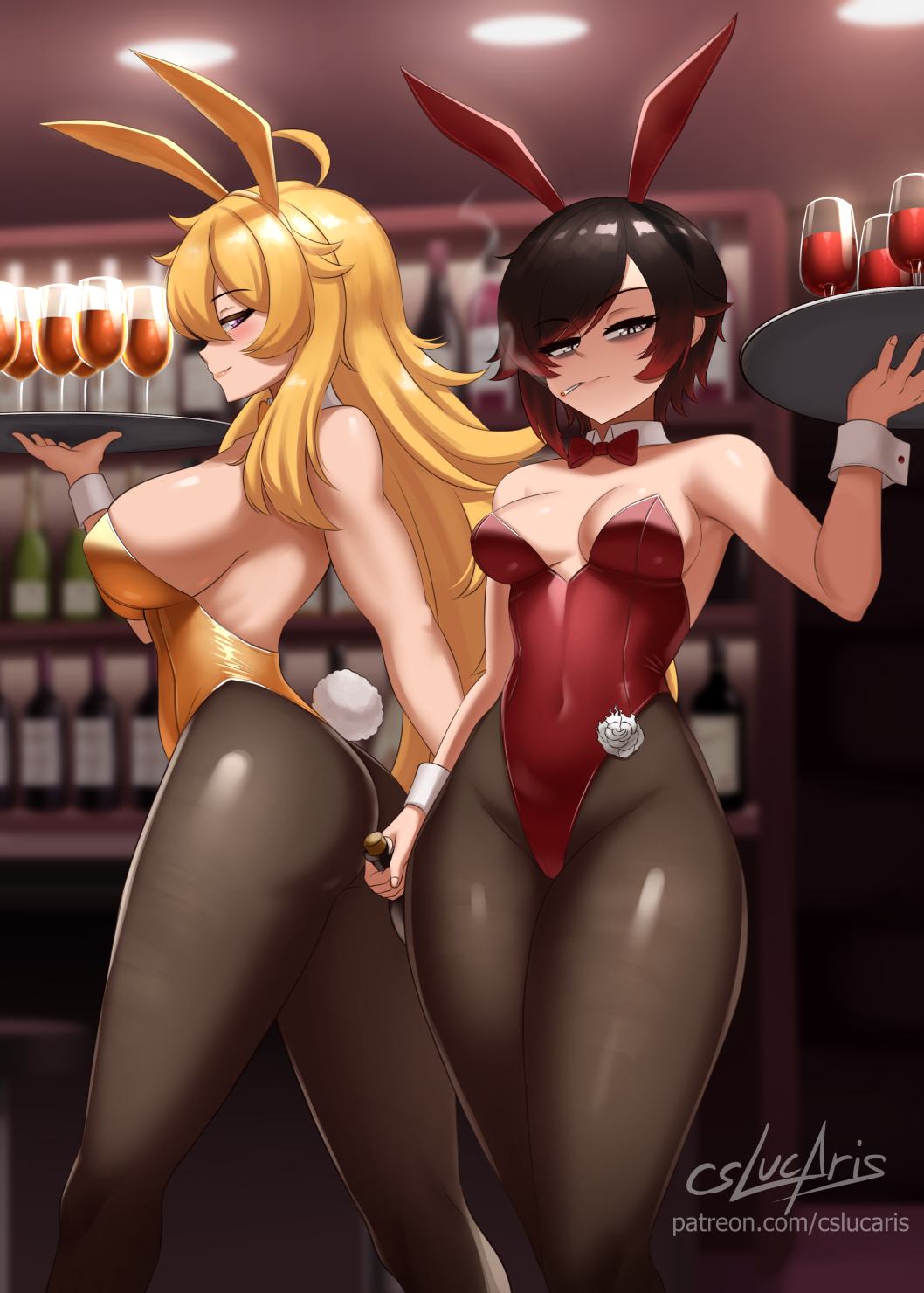 big breasts, blonde hair, breasts, bunny ears, bunny tail, bunnysuit, busty, cigarette, cleavage, cslucaris, eye bags, female, pantyhose, purple eyes, red hair, ruby rose, rwby, silver eyes, smoking, thick thighs, waitress, wrist cuffs, yang xiao long