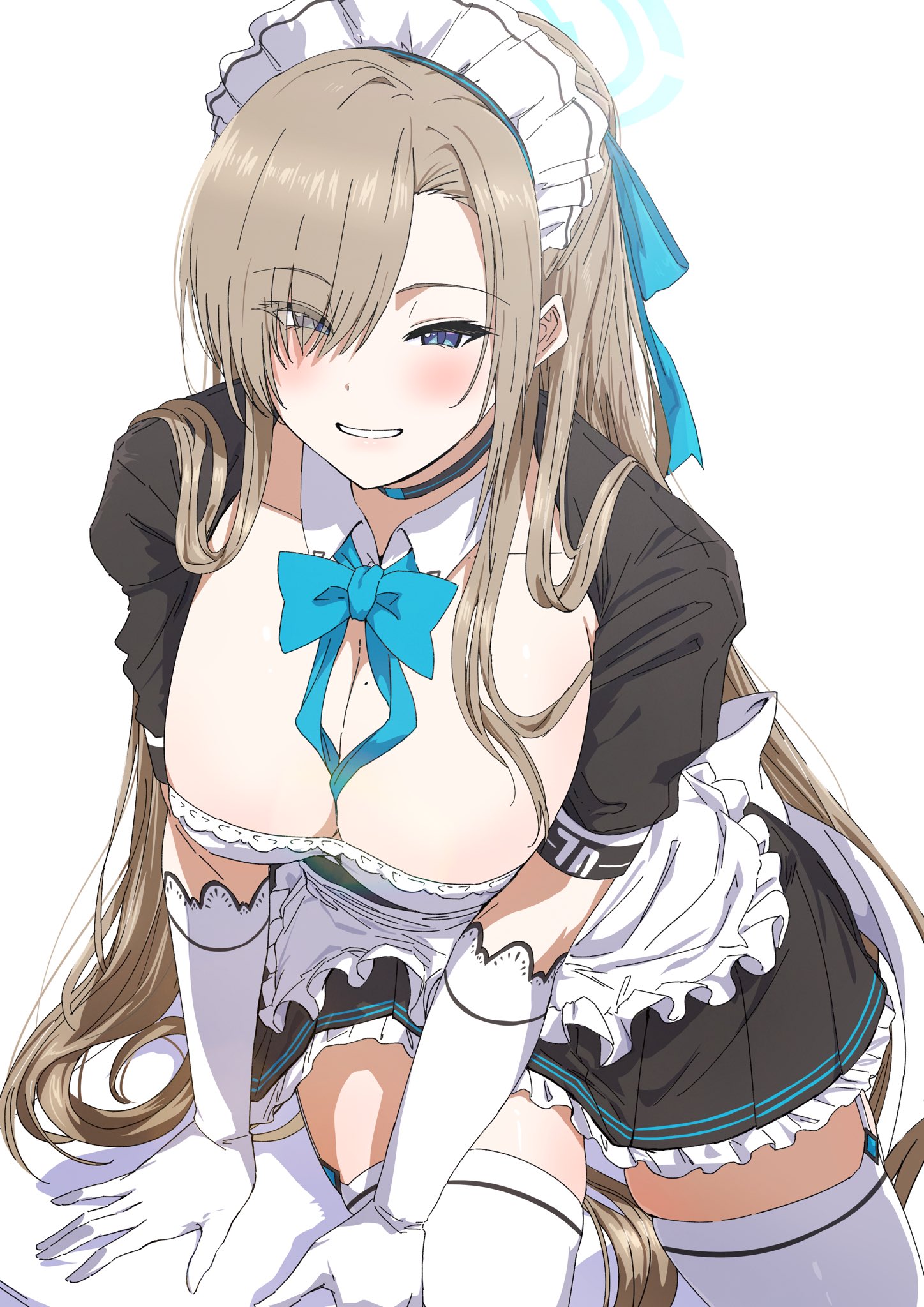 1girls, apron, asuna (blue archive), black choker, blue archive, blue bow, blue eyes, bow, breasts, choker, cleavage, detached collar, dress, female, gloves, hair over one eye, halo, highres, large breasts, light brown hair, light skin, light-skinned female, long hair, looking at viewer, maid, maid apron, maid headdress, misaki nonaka, mole, mole on breast, sitting, smile, solo, thighhighs, very long hair, white gloves