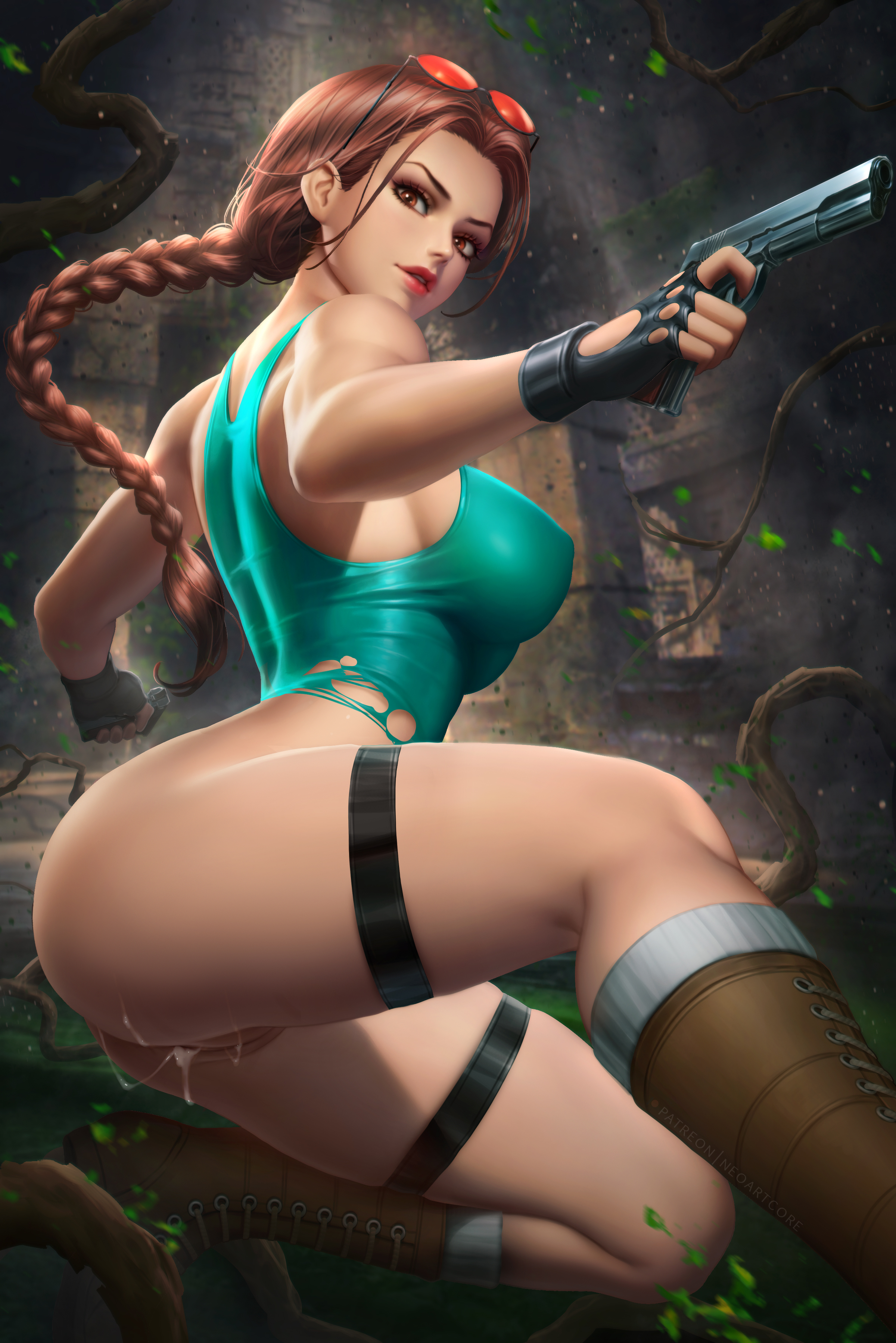 after sex, ass, big ass, boots, bottomless, braided ponytail, breasts, cum, cum drip, cum in pussy, cum inside, edit, eyewear on head, female, fingerless gloves, gun, lara croft, lara croft (classic), large breasts, looking at viewer, neoartcore, nipple bulge, no bra, no panties, nudtawut thongmai, pussy, red hair, shaved pussy, sideboob, slim waist, spread legs, sunglasses, sunglasses on head, thick thighs, thigh strap, tight clothing, tomb raider, tomb raider (classic), torn clothes, uncensored, vines, wide hips