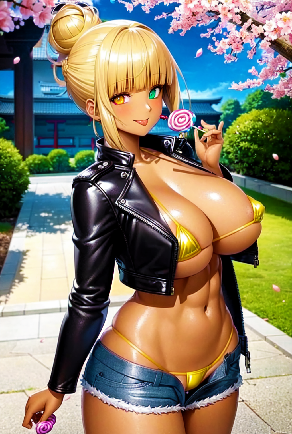 1girls 2023 ai_generated blonde_hair curvy curvy_female curvy_figure denim_shorts female female_only heterochromia high_resolution highres human latex_jacket lollipop looking_at_viewer seductive_look solo stable_diffusion tongue tongue_out toony voluptuous voluptuous_female