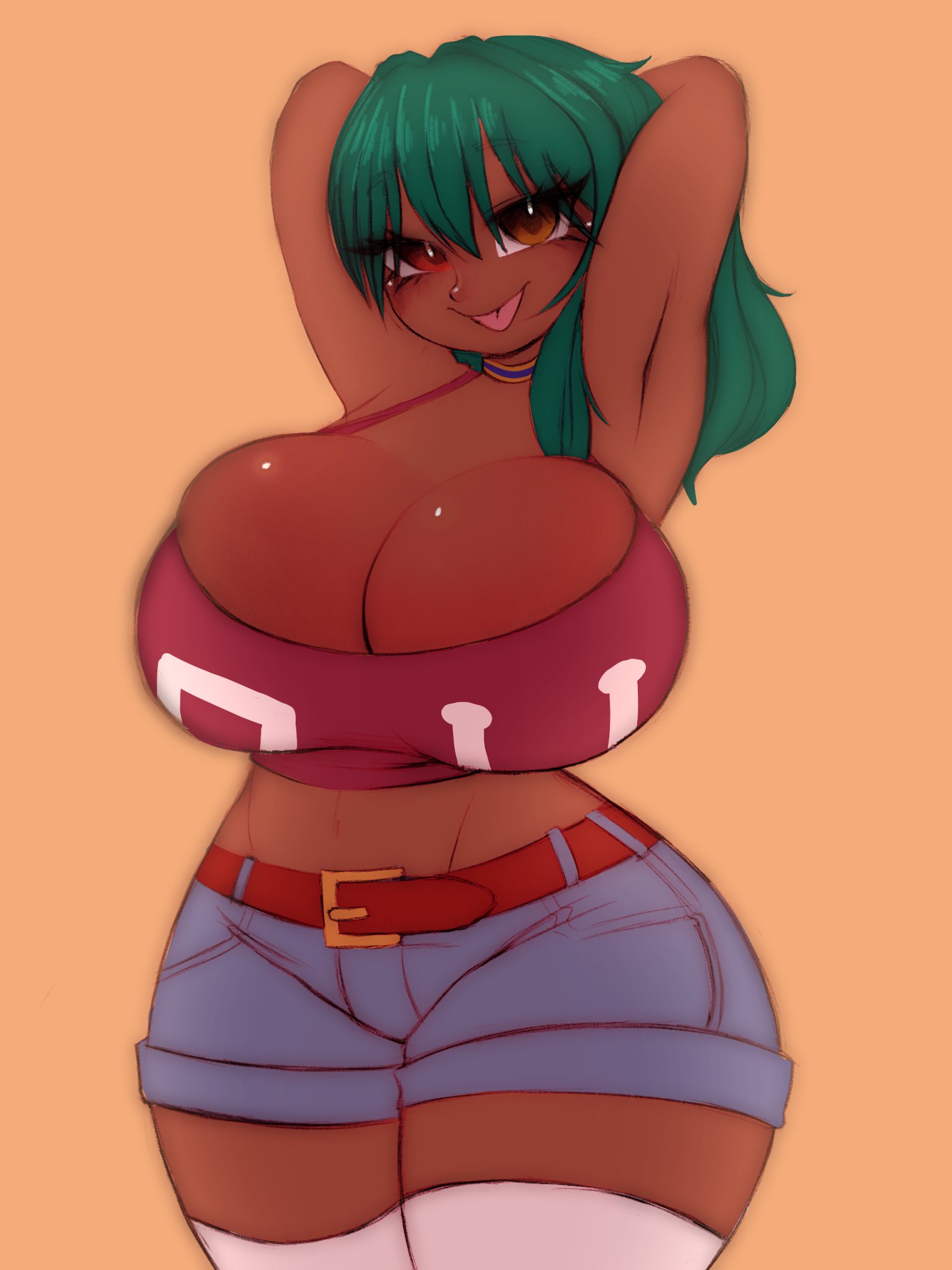 1girls, 5hitzzzu, big breasts, blue shorts, boombita, breasts, cleavage, clothing, dark skin, dark-skinned female, female, female only, funcu, funculicious, green hair, huge breasts, jean shorts, large breasts, meatcuteshii, pinkbobatoo, skiddioop, solo, stereodaddy, tagme, thick thighs, thighs, wide hips