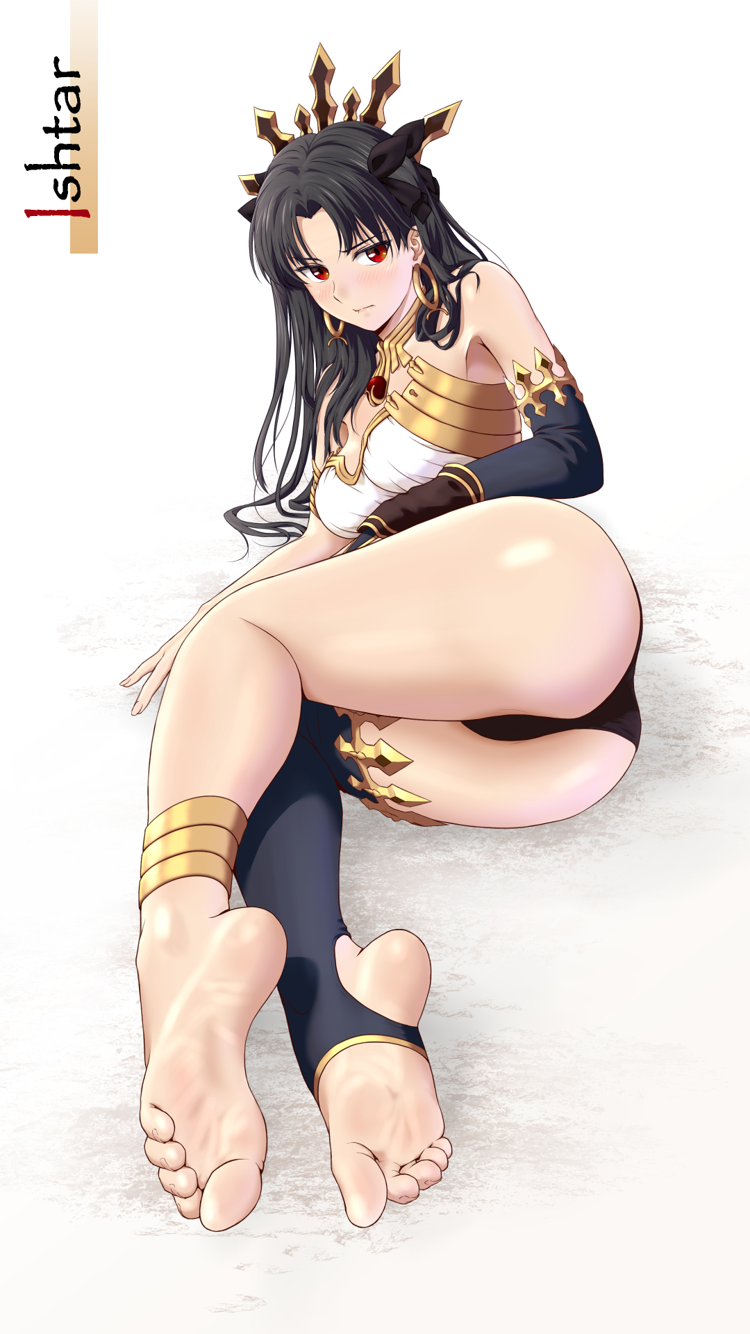 1girls, ass, ass focus, barefoot, big ass, black hair, curvaceous, curvy, curvy body, curvy female, curvy figure, fate (series), fate/grand order, feet, female, female only, foot fetish, foot focus, human, ishtar (fate), limi edi, long hair, red eyes, sensual, simple background, soles, toes, voluptuous, voluptuous female, white background