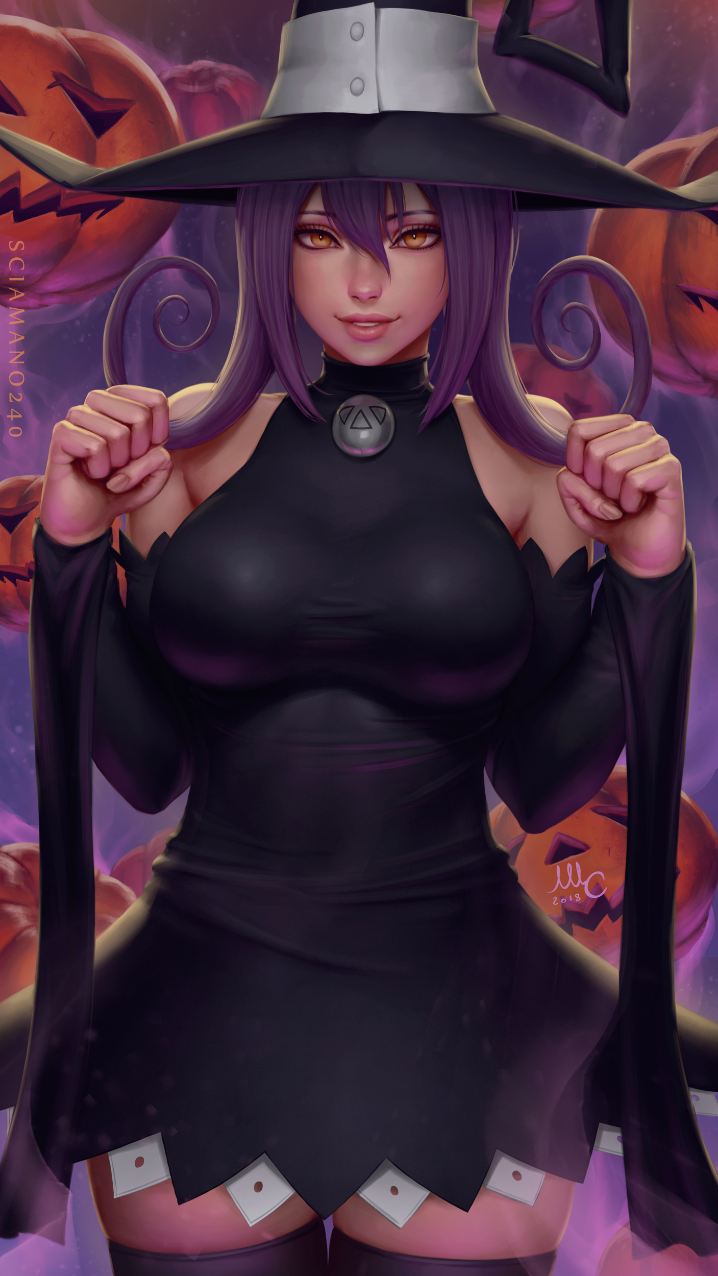 1girls, 2010s, 2018, absolute territory, artist name, big breasts, black clothing, black dress, black hat, black sleeves, blair (soul eater), breasts, clothed, clothed female, clothes, clothing, curvaceous, curvy, curvy body, curvy female, curvy figure, detached sleeves, dress, female, hair between eyes, hartman hips, hat, hi res, high resolution, highres, hourglass figure, jack-o'-lantern, lips, lipstick, long hair, makeup, patreon reward, patreon username, pinup, pumpkin, purple background, purple hair, sciamano240, short dress, soul eater, thigh gap, thighhighs, thighs, tight, tight clothes, tight clothing, tight dress, tight fit, very long hair, violet hair, witch, witch hat, yellow eyes