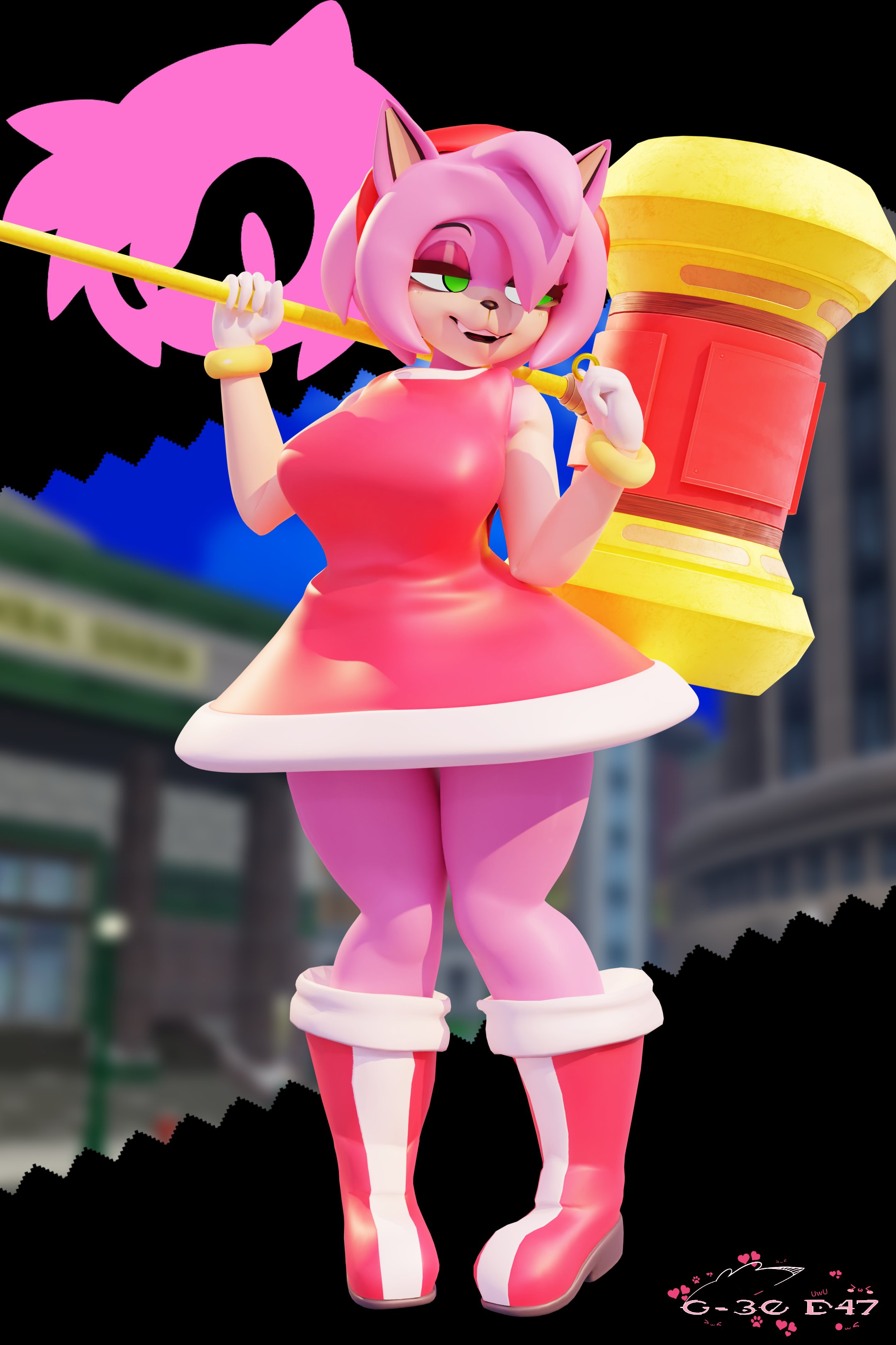1girls, 3d, 3d (artwork), amy rose, anthro, big breasts, blender, breasts, clothed, clothing, curvy, female, fur, furry, furry only, geodat64, green eyes, hedgehog, hi res, pink fur, red dress, skirt, solo, sonic (series), standing