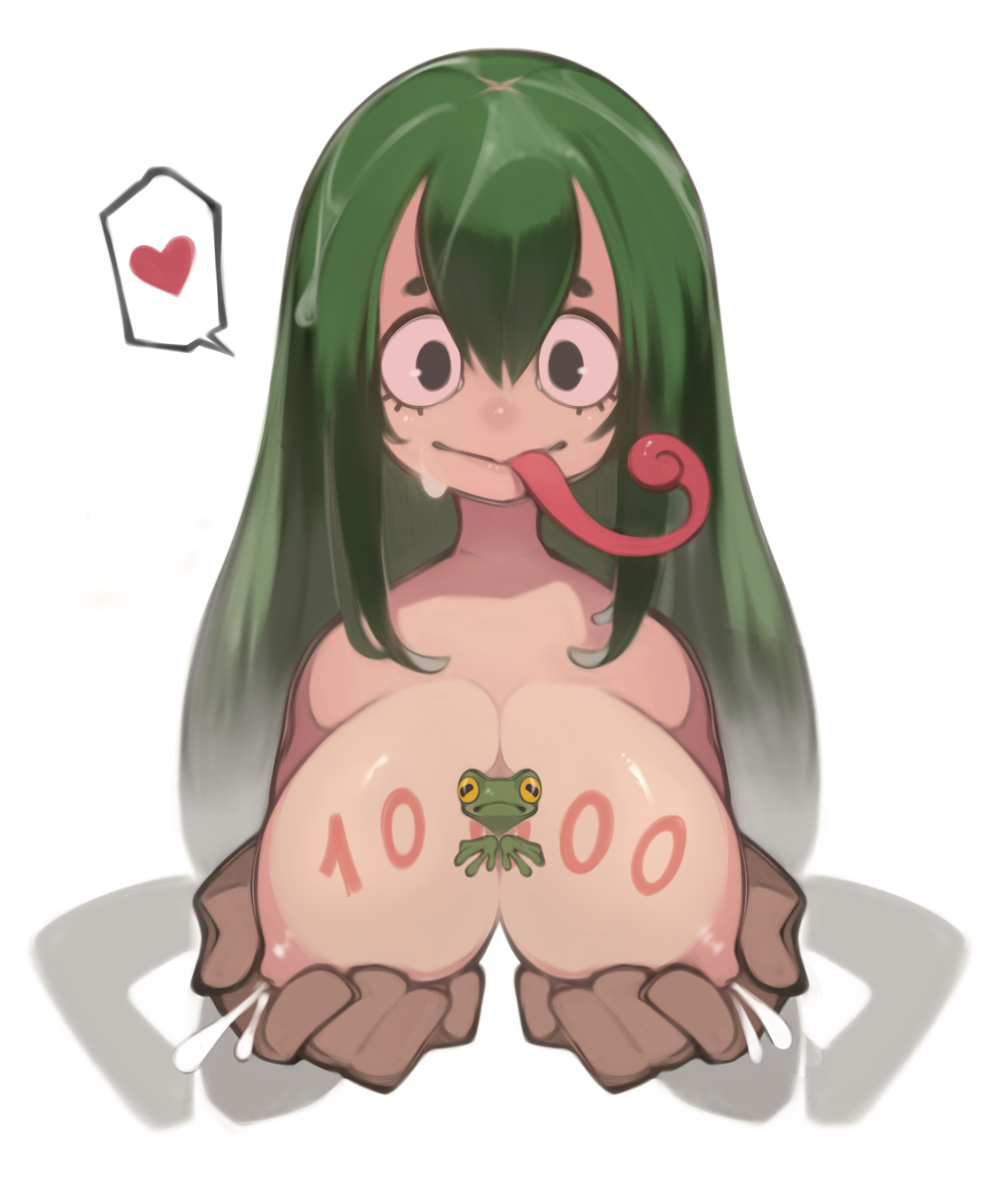 1girls, 2020, big breasts, black eyes, body writing, breast grab, breasts, busty, completely nude, eyelashes, female, follower celebration, front view, gloves, grabbing own breast, green hair, hair, handwear, happy, heart, hi res, lactation, large breasts, lentiyay, light skin, light-skinned female, long hair, long tongue, looking at viewer, milestone celebration, my hero academia, naked, nipple pinch, nipple play, nipples, nude, nude female, presenting, presenting breasts, simple background, smile, smiling, smiling at viewer, solo, tongue, tongue out, tsuyu asui, water drop, wet hair, wet skin