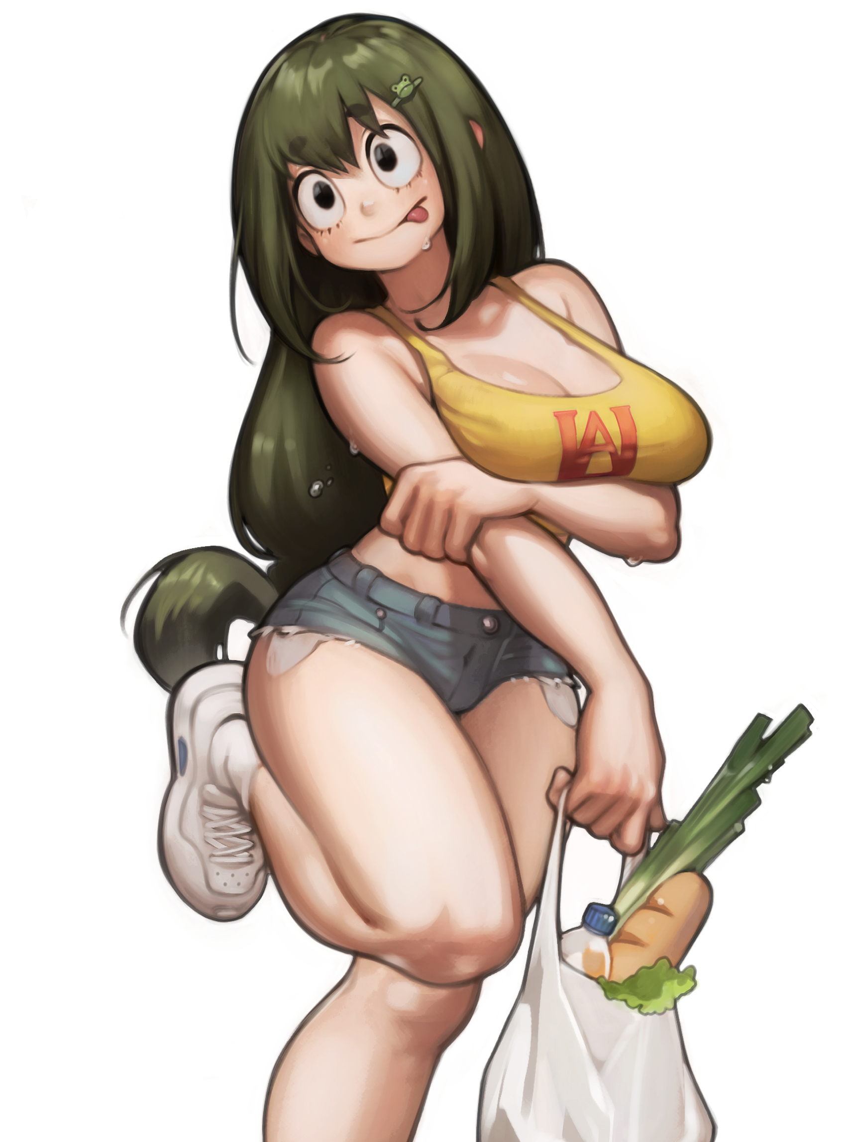 1girls, ankle socks, anklehighs, ass, big ass, big breasts, breasts, cute, female, green hair, green-haired female, large breasts, lentiyay, long hair, my hero academia, short shorts, shorts, socks, tagme, thick thighs, tsuyu asui, white socks