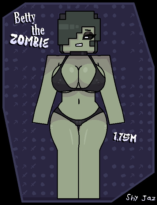 bikini bikini_bottom bikini_top black_sclera eyeshadow green_hair green_skin minecraft original_character shy_jaz text white_eyes zombie zombie_girl